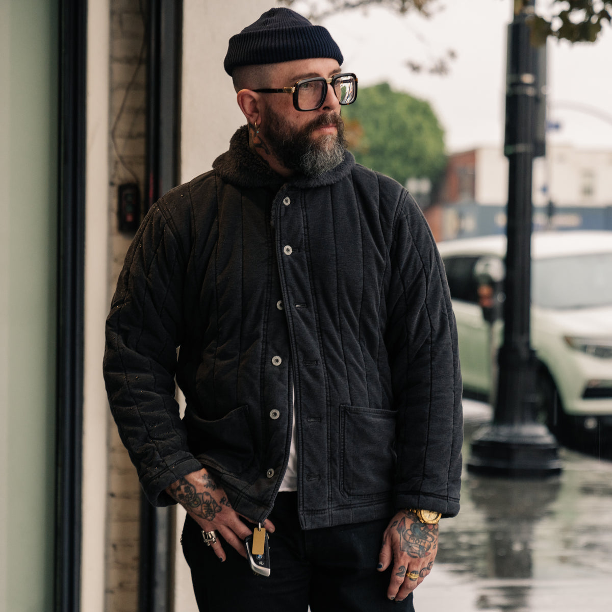 RRL Fleece-Collar Quilted Jersey Jacket Faded Black