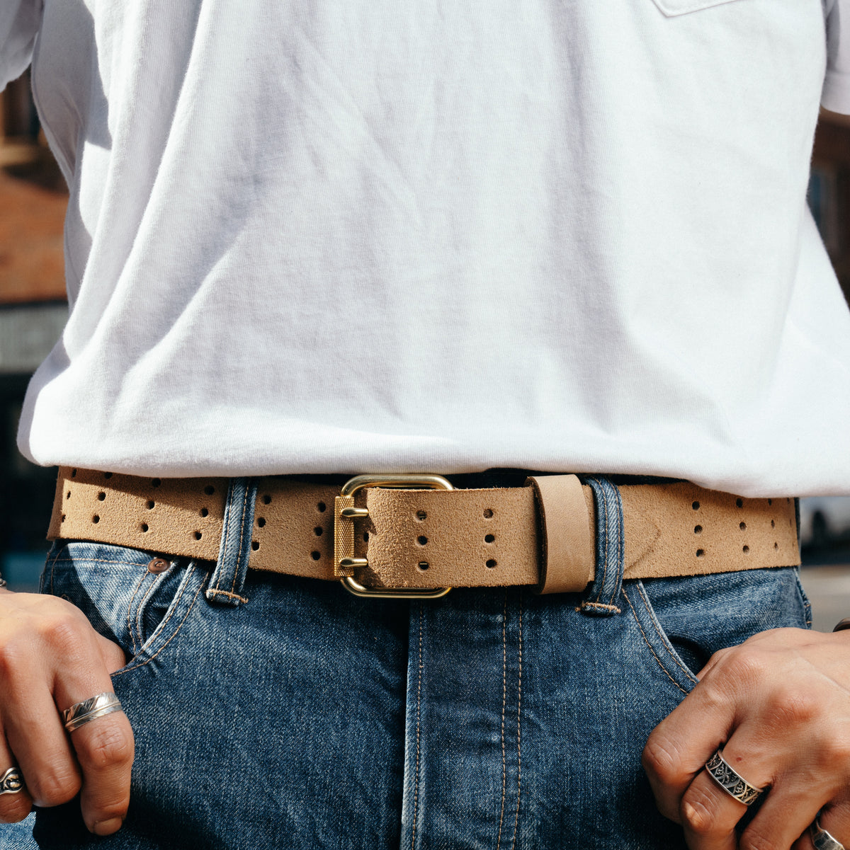 The Black Acre x Snake Oil Provisions Scoundrel Dual Prong Belt Sand Suede