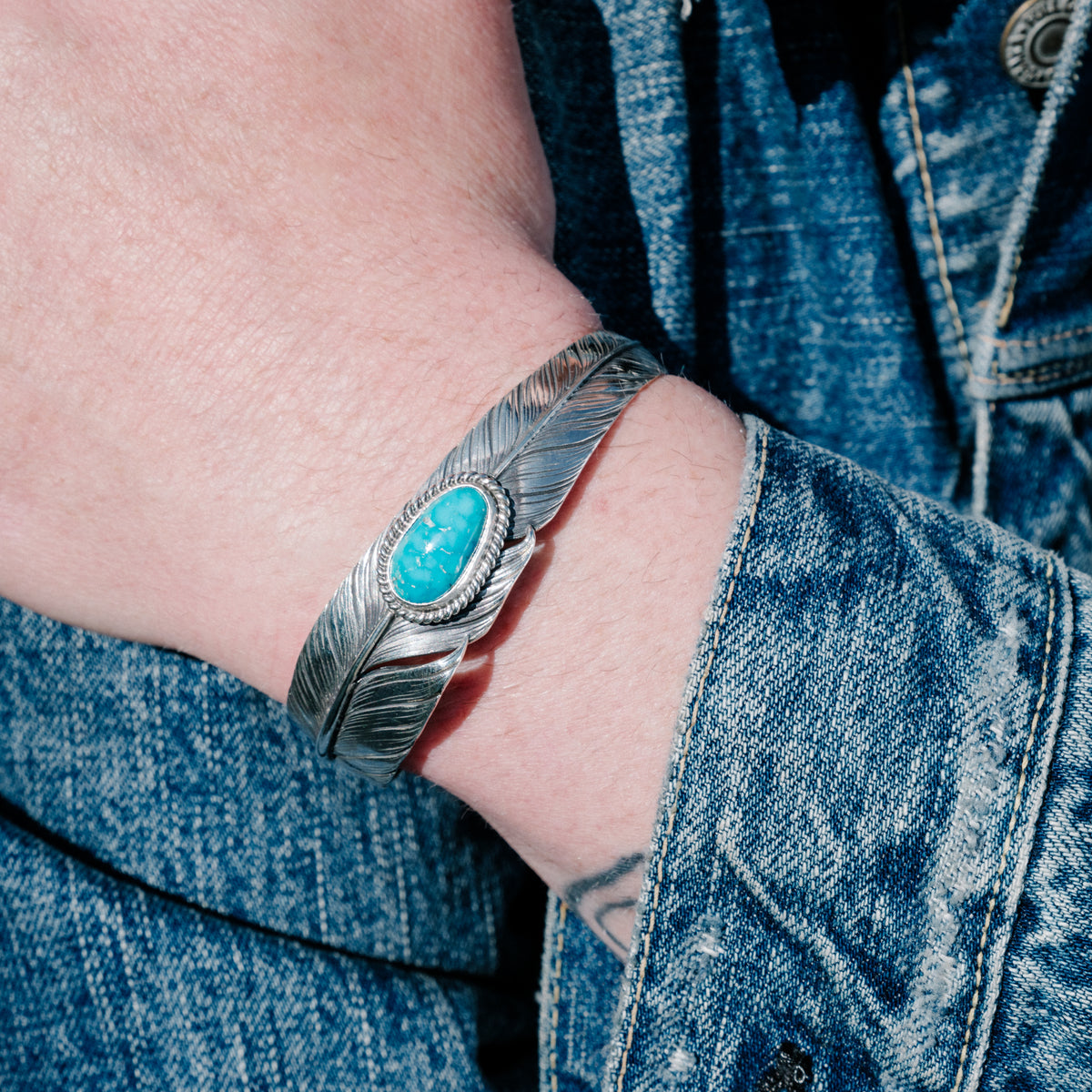 Mt. Hill Silver Sterling Silver Slim Feather Cuff Royston Turquoise