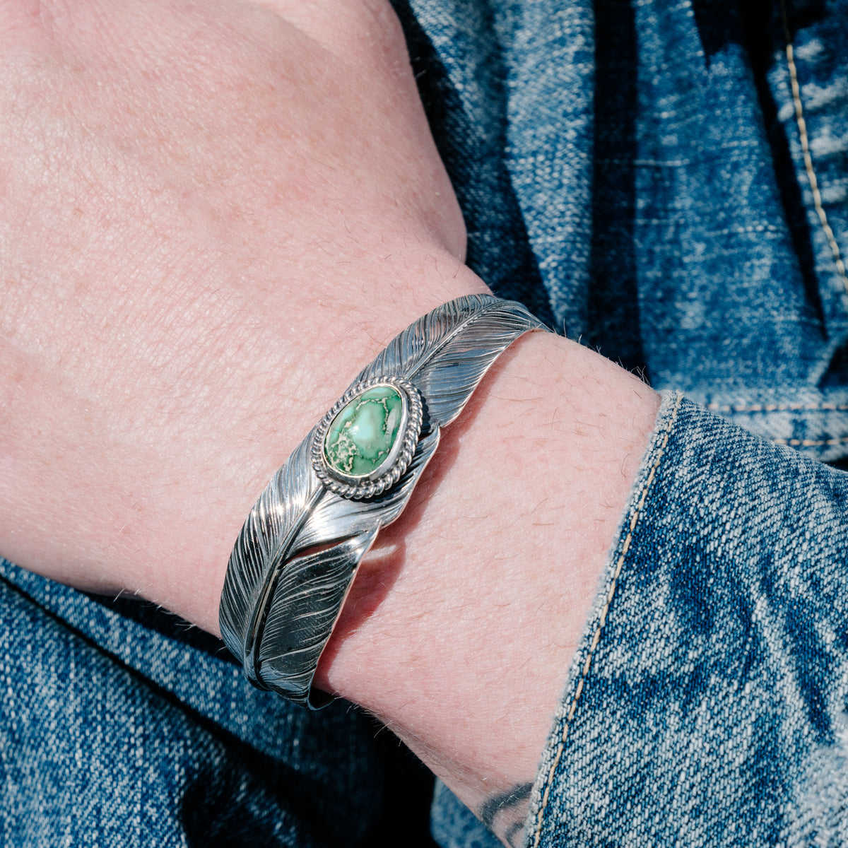 Mt. Hill Silver Slim Sterling Feather Cuff Sonoran Turquoise