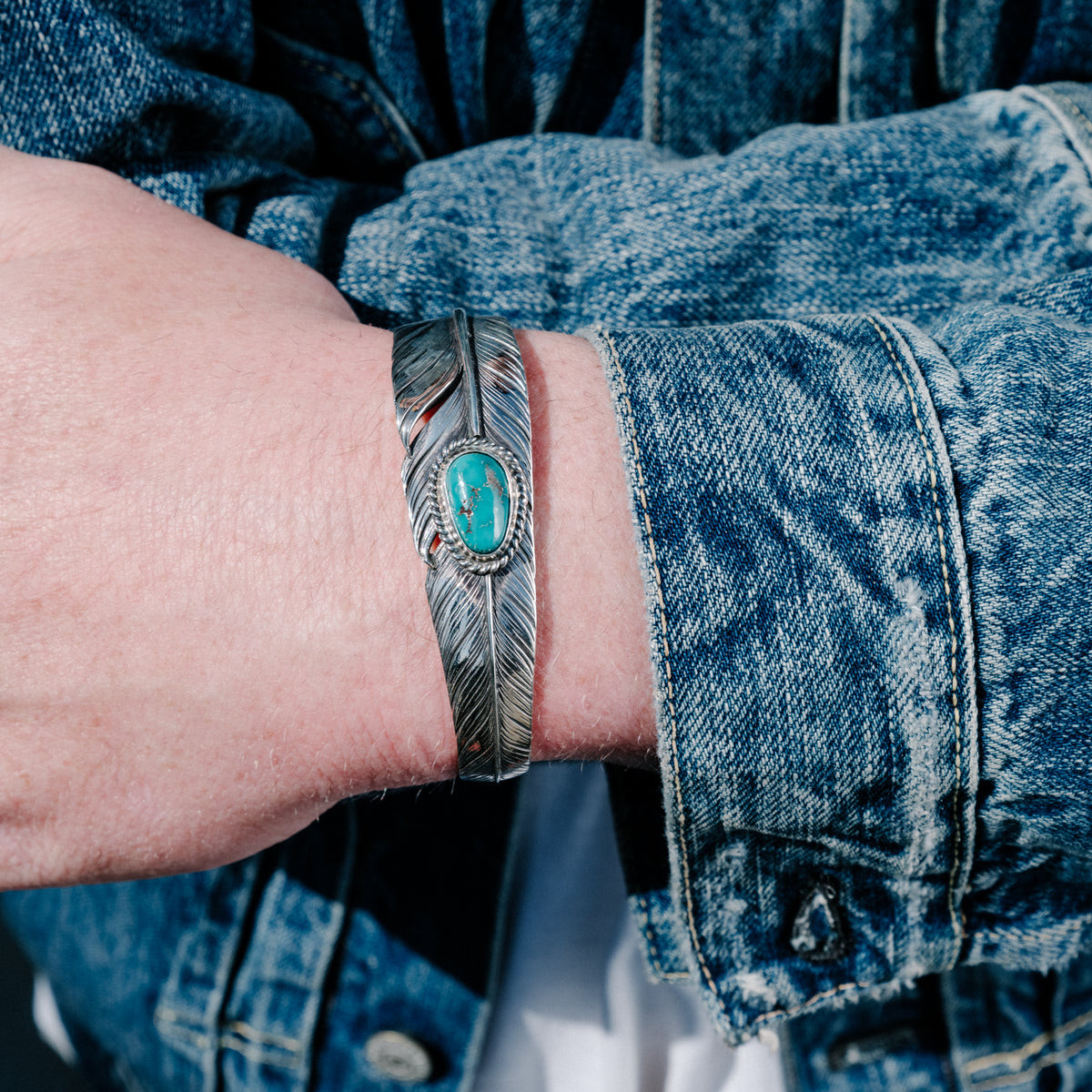 Mt. Hill Silver Slim Sterling Feather Cuff Morenci Turquoise