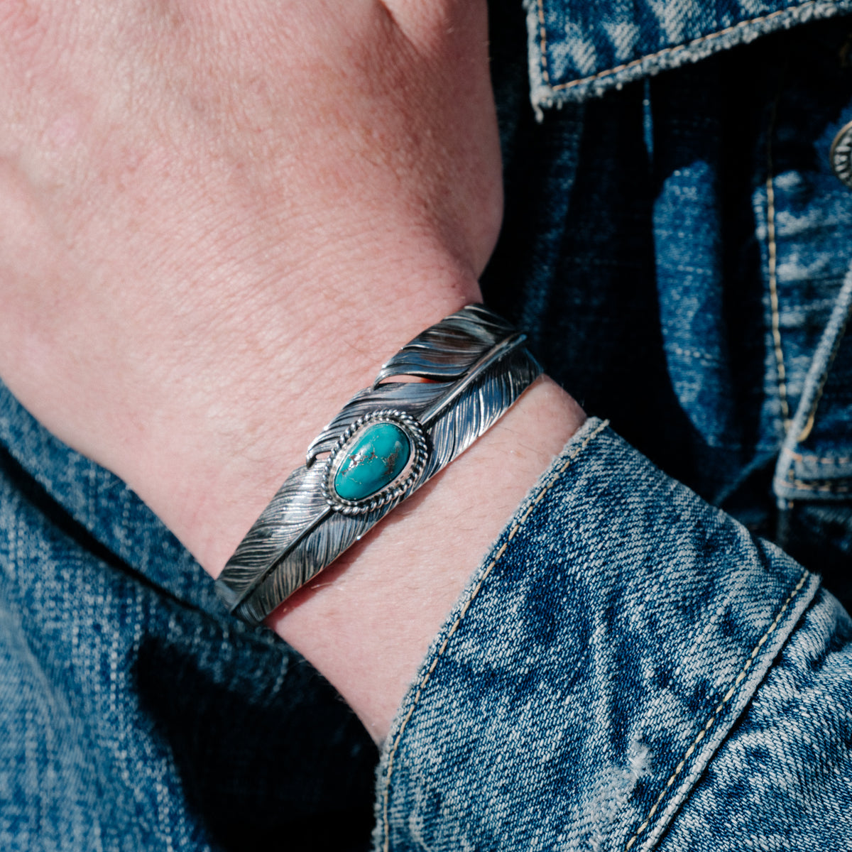 Mt. Hill Silver Slim Sterling Feather Cuff Morenci Turquoise