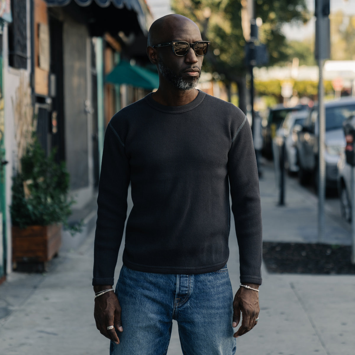 Full Count Heavyweight Waffle Long Sleeve T-Shirt Ink Black