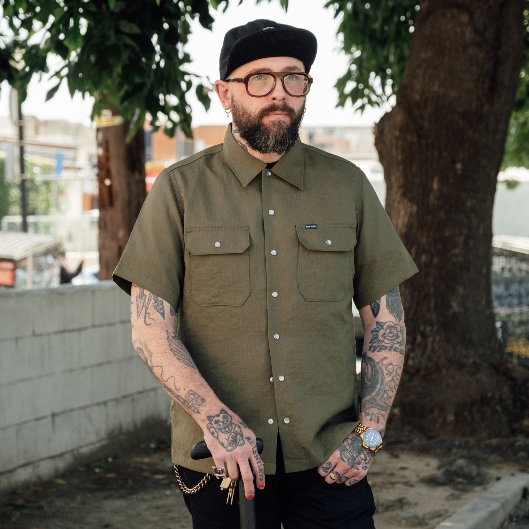 Iron Heart IHSH-286-OLV Ripstop Short Sleeved Mechanic Shirt Olive