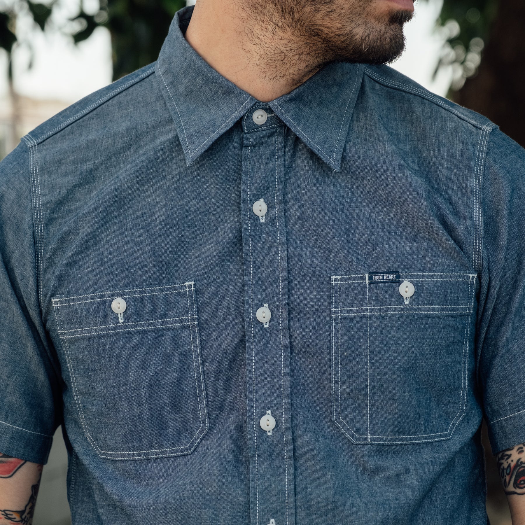 Iron Heart IHSH-285-IND 5.5oz Selvedge Chambray Short Sleeve Work Shirt Indigo