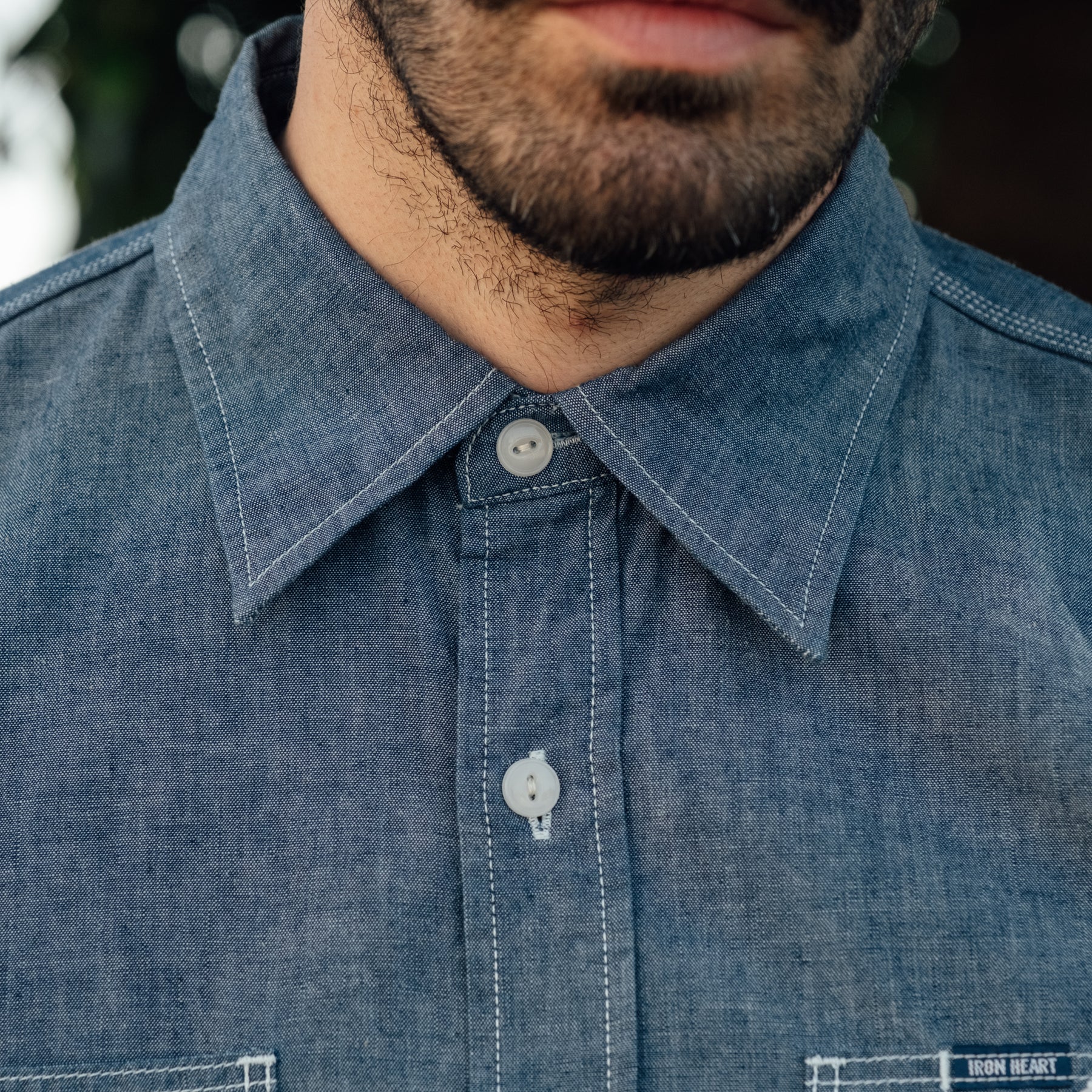 Iron Heart IHSH-285-IND 5.5oz Selvedge Chambray Short Sleeve Work Shirt Indigo