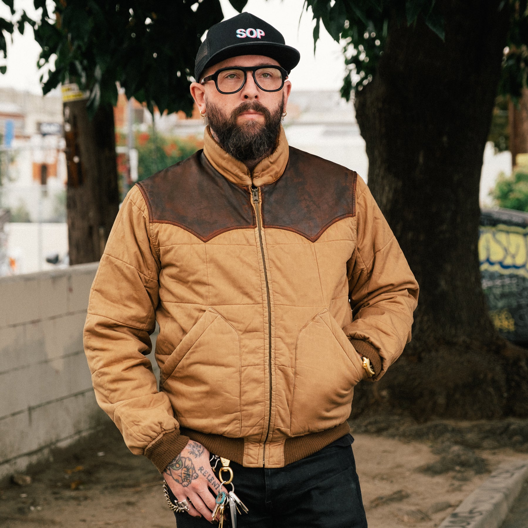 RRL Leather-Yoke Quilted Oilcloth Jacket Tan