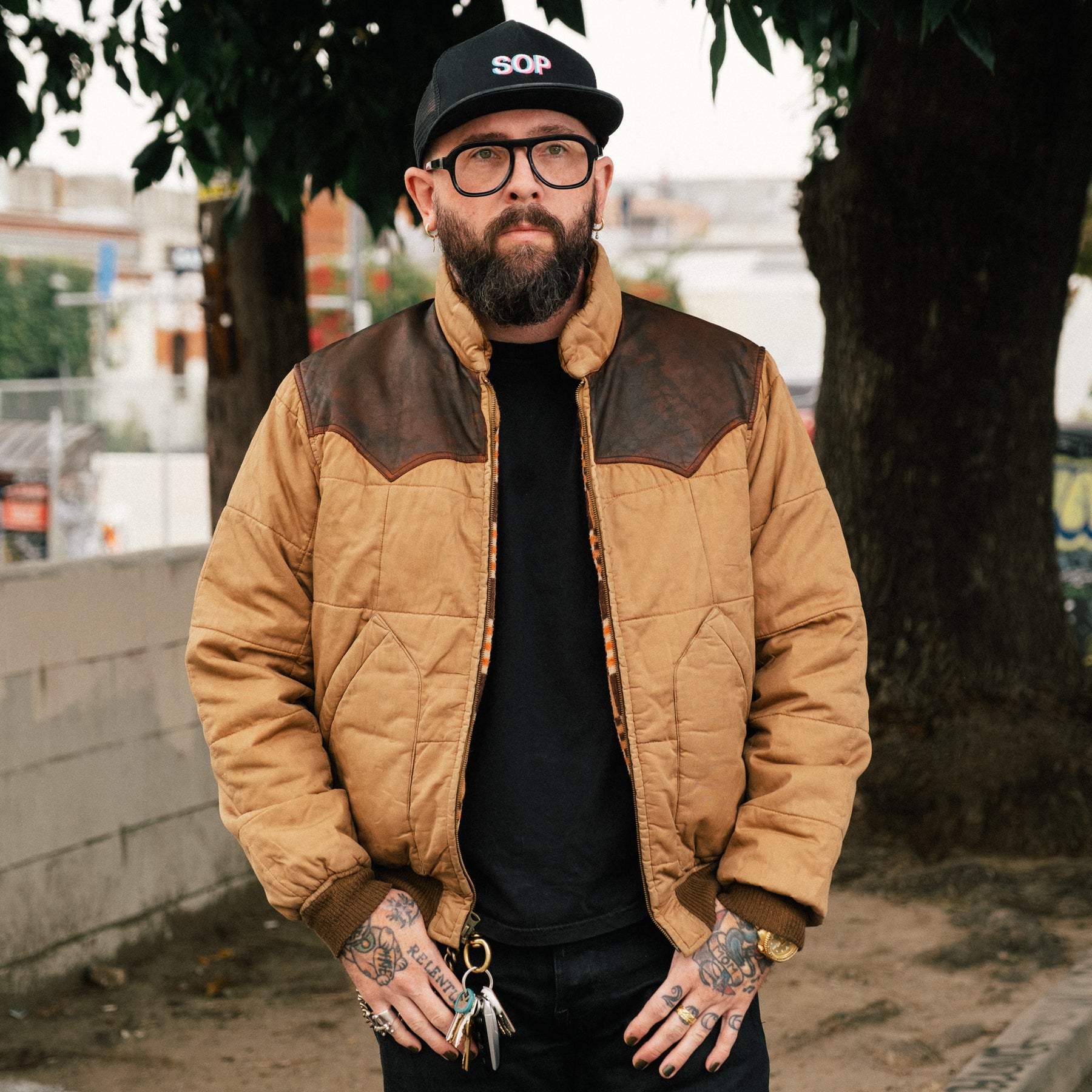 RRL Leather-Yoke Quilted Oilcloth Jacket Tan