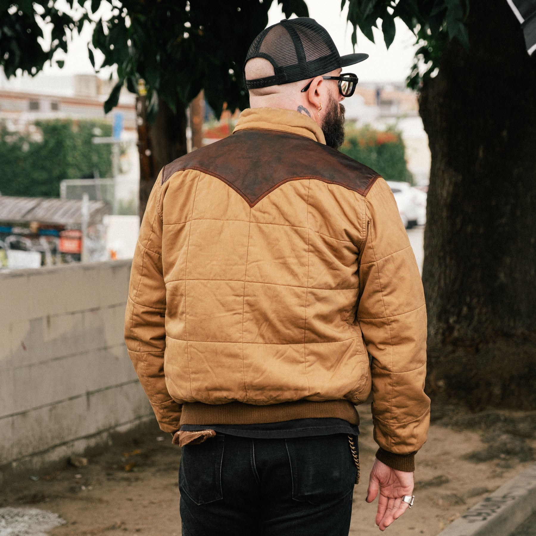 RRL Leather-Yoke Quilted Oilcloth Jacket Tan