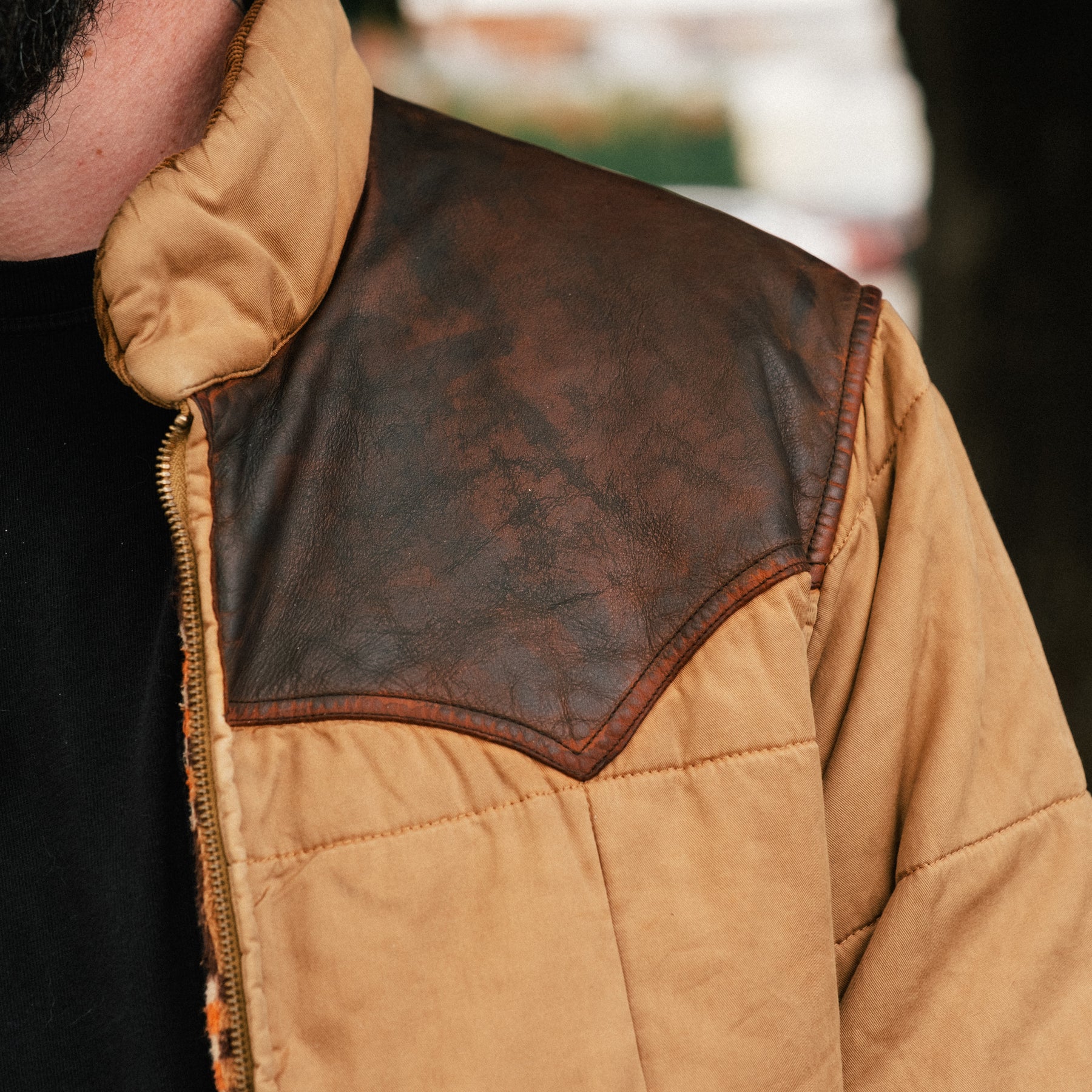 RRL Leather-Yoke Quilted Oilcloth Jacket Tan