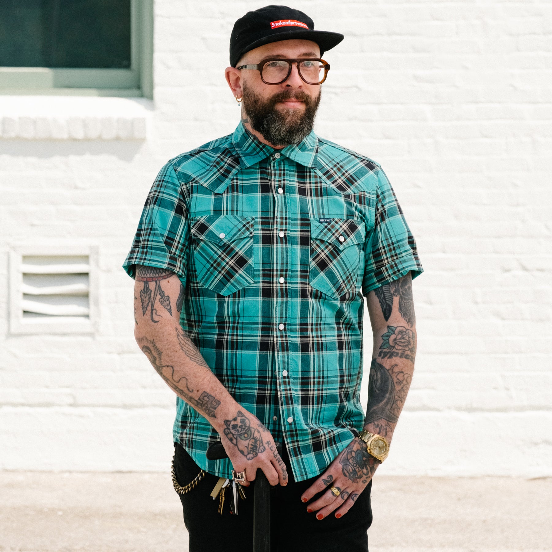 Iron Heart IHSH-359-GRN 5oz Selvedge Madras Check Short Sleeved Western Shirt Green