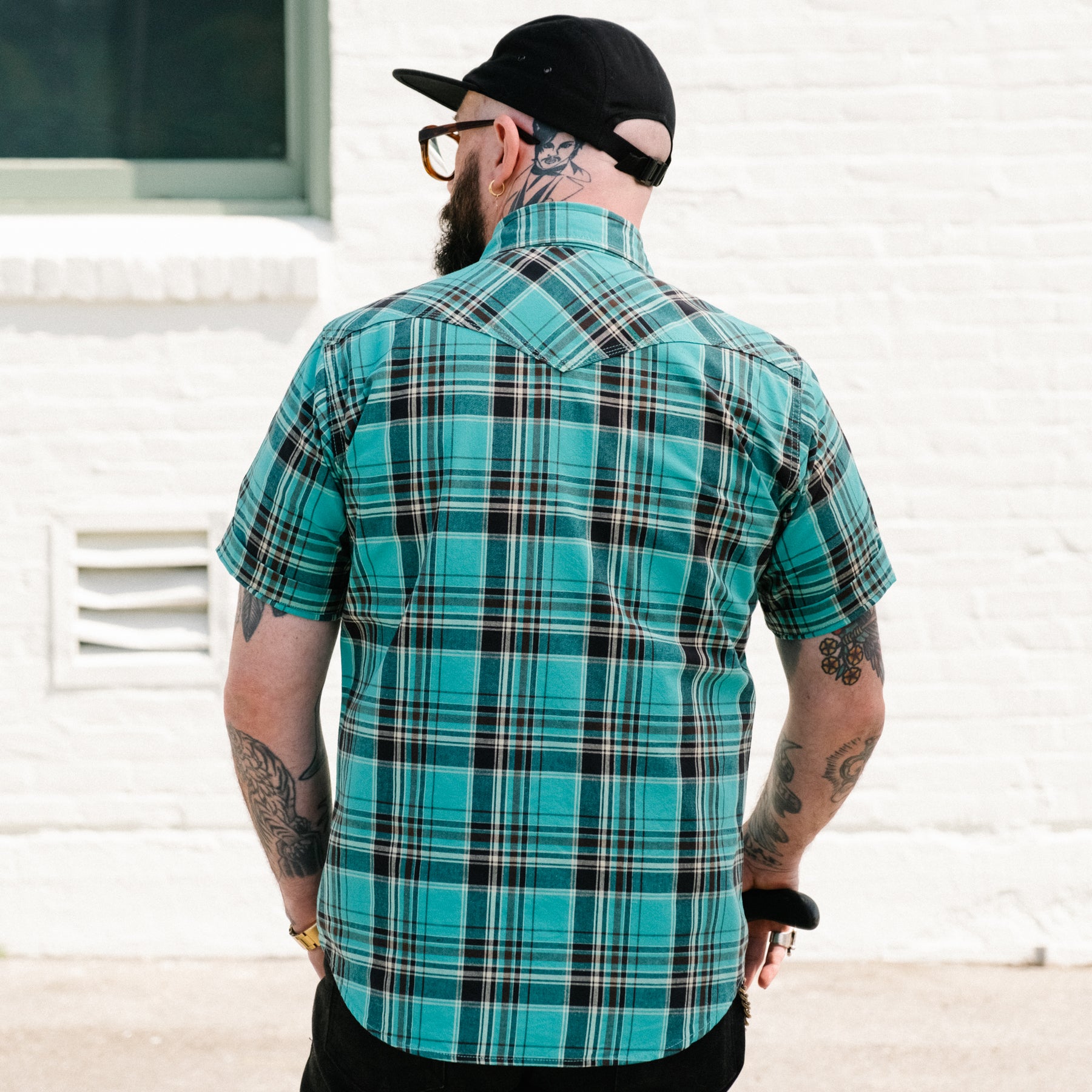 Iron Heart IHSH-359-GRN 5oz Selvedge Madras Check Short Sleeved Western Shirt Green