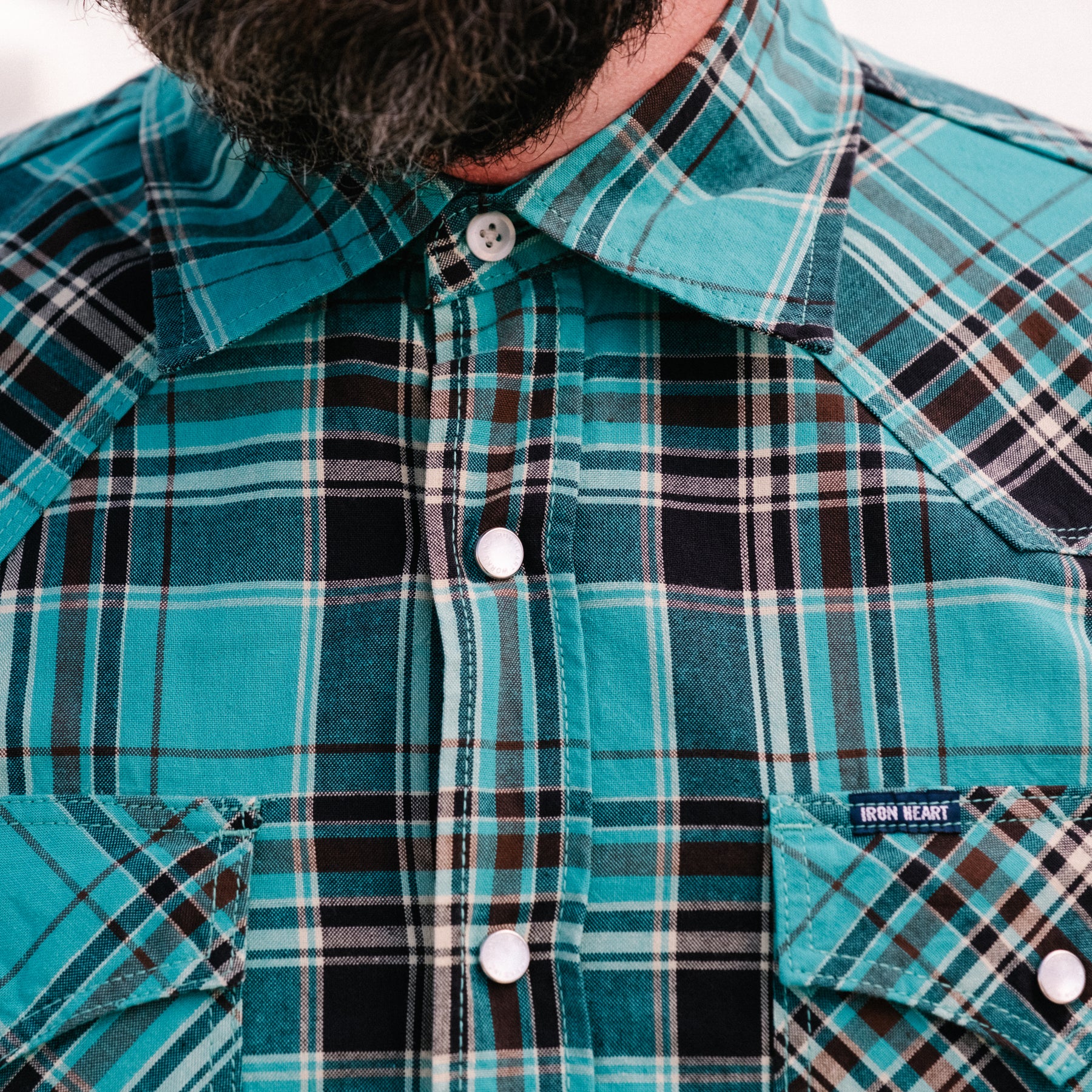 Iron Heart IHSH-359-GRN 5oz Selvedge Madras Check Short Sleeved Western Shirt Green