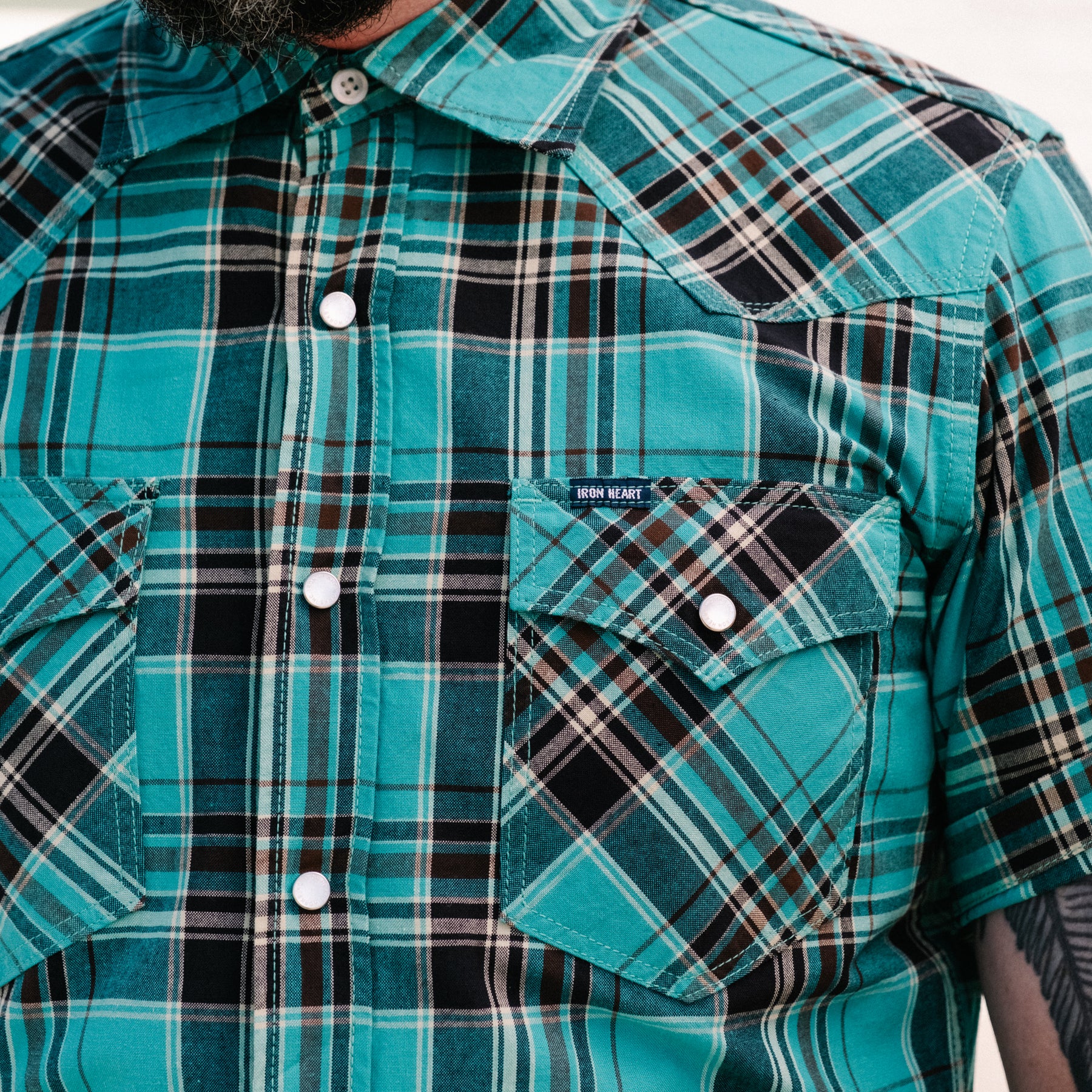 Iron Heart IHSH-359-GRN 5oz Selvedge Madras Check Short Sleeved Western Shirt Green