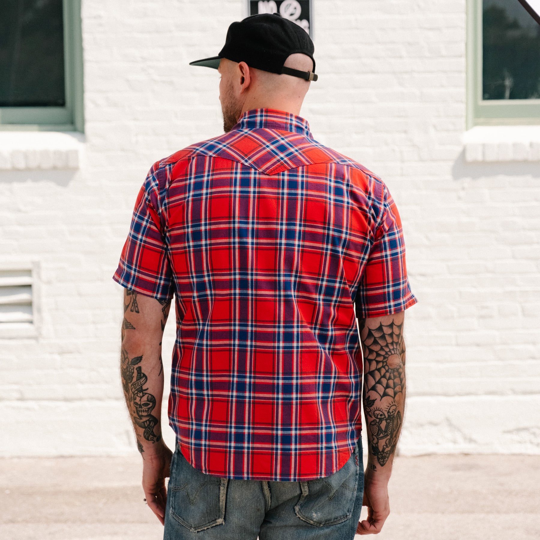 Iron Heart IHSH-359-RED 5oz Selvedge Madras Check Short Sleeved Western Shirt Red