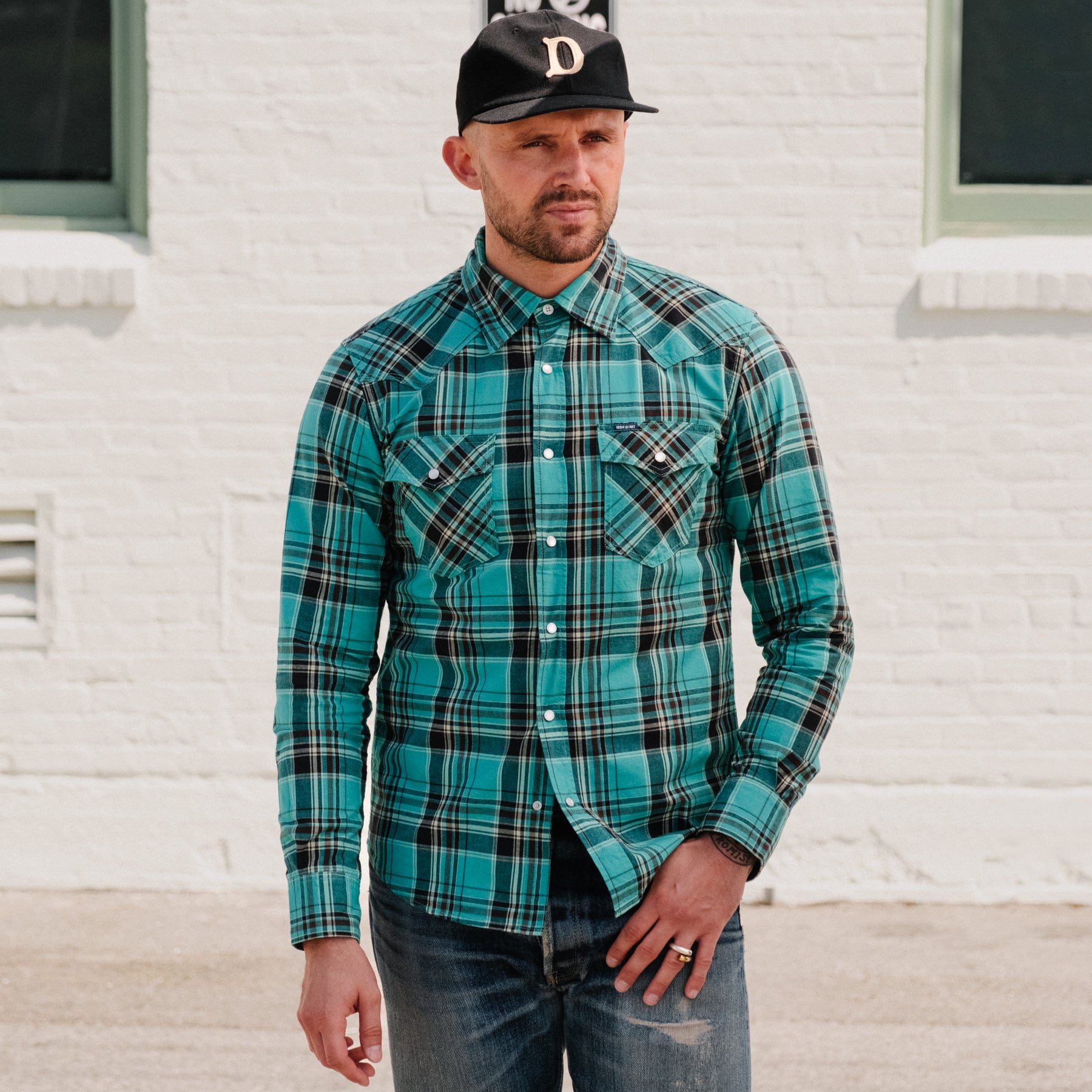 Iron Heart IHSH-355-GRN 5oz Selvedge Madras Check Western Shirt Green