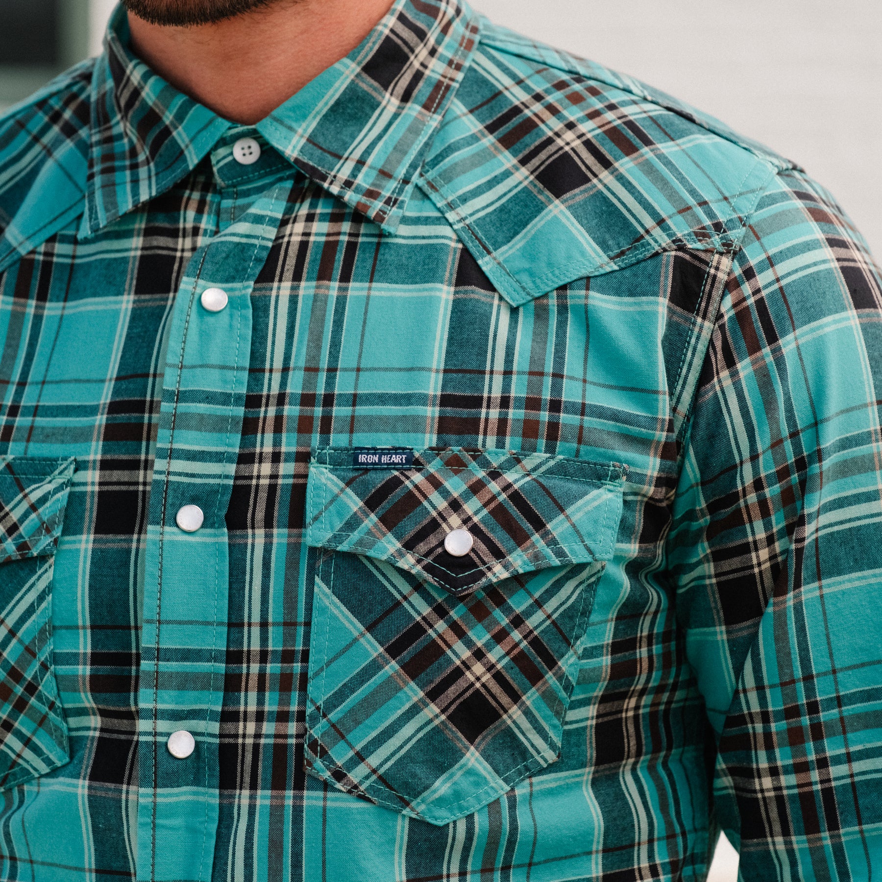 Iron Heart IHSH-355-GRN 5oz Selvedge Madras Check Western Shirt Green