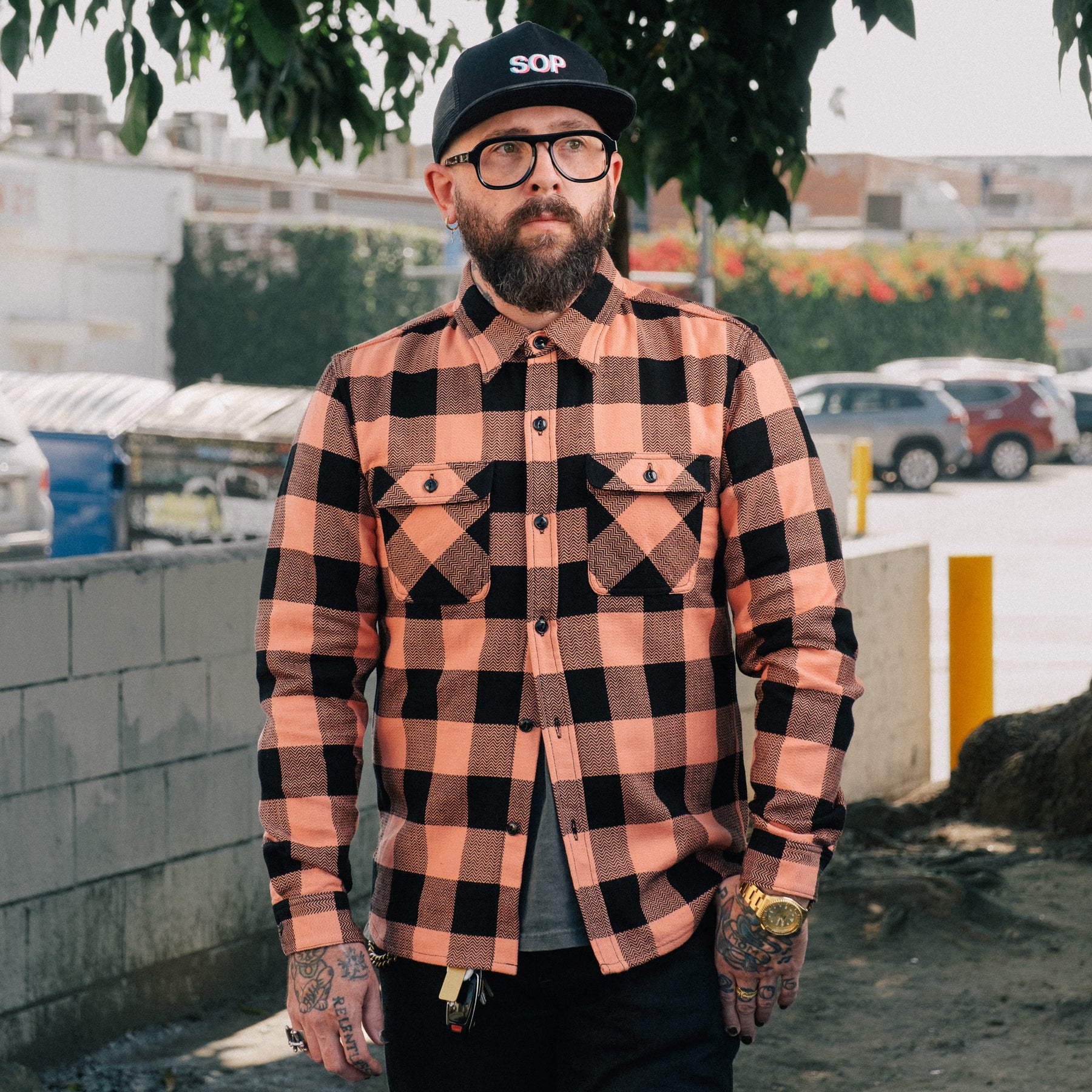 The Flat Head FN-SNR-101L Block Check Work Shirt Pink/ Black (SOP Exclusive)