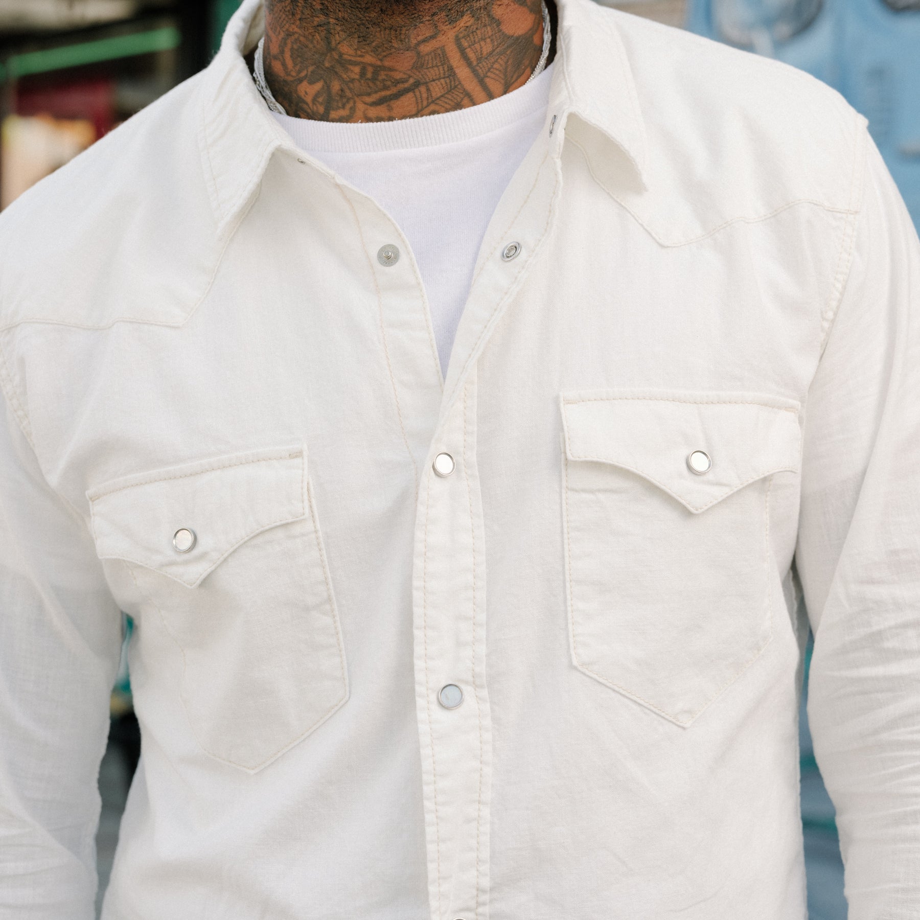 The Flat Head FN-SCW-003L Chambray Western Shirt White