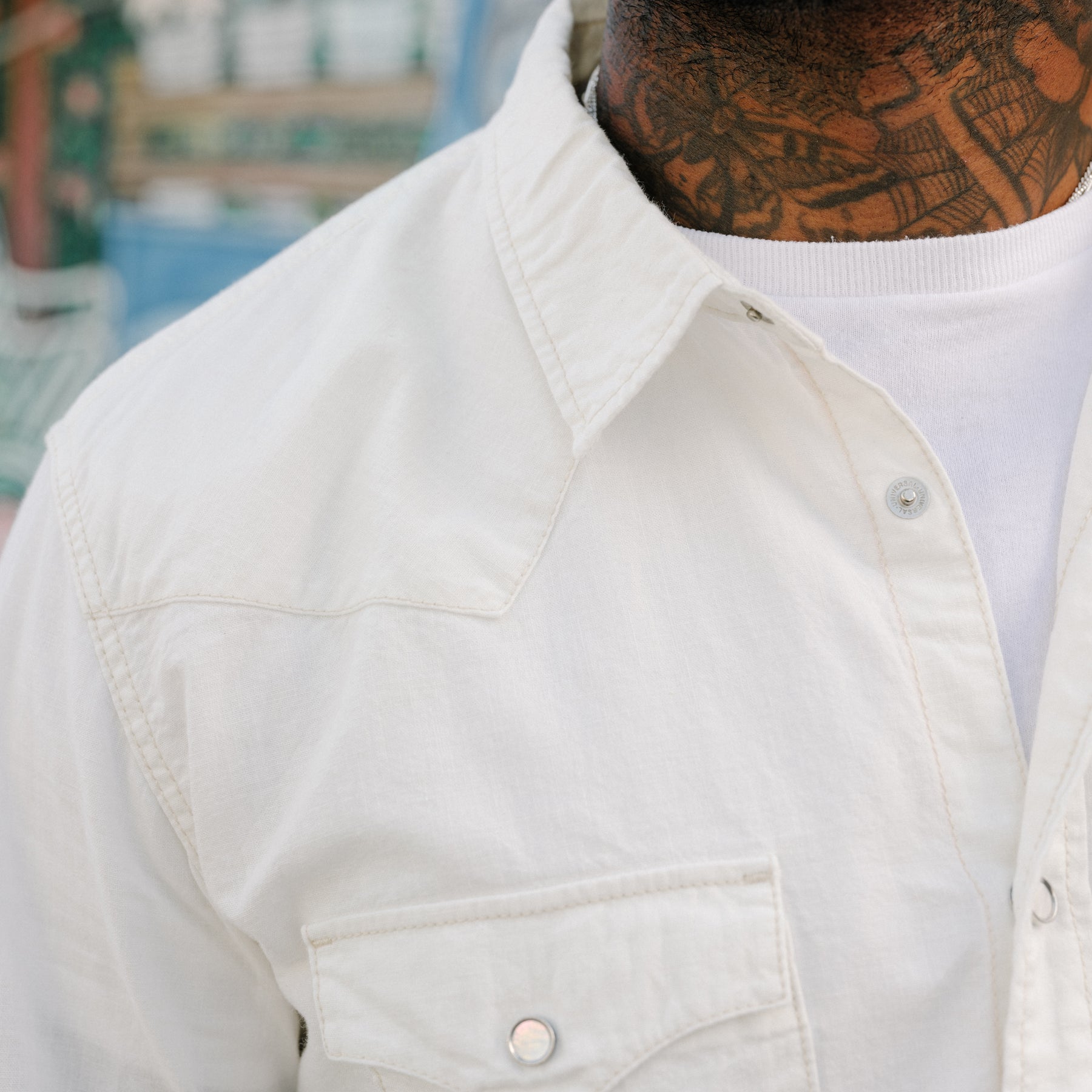 The Flat Head FN-SCW-003L Chambray Western Shirt White