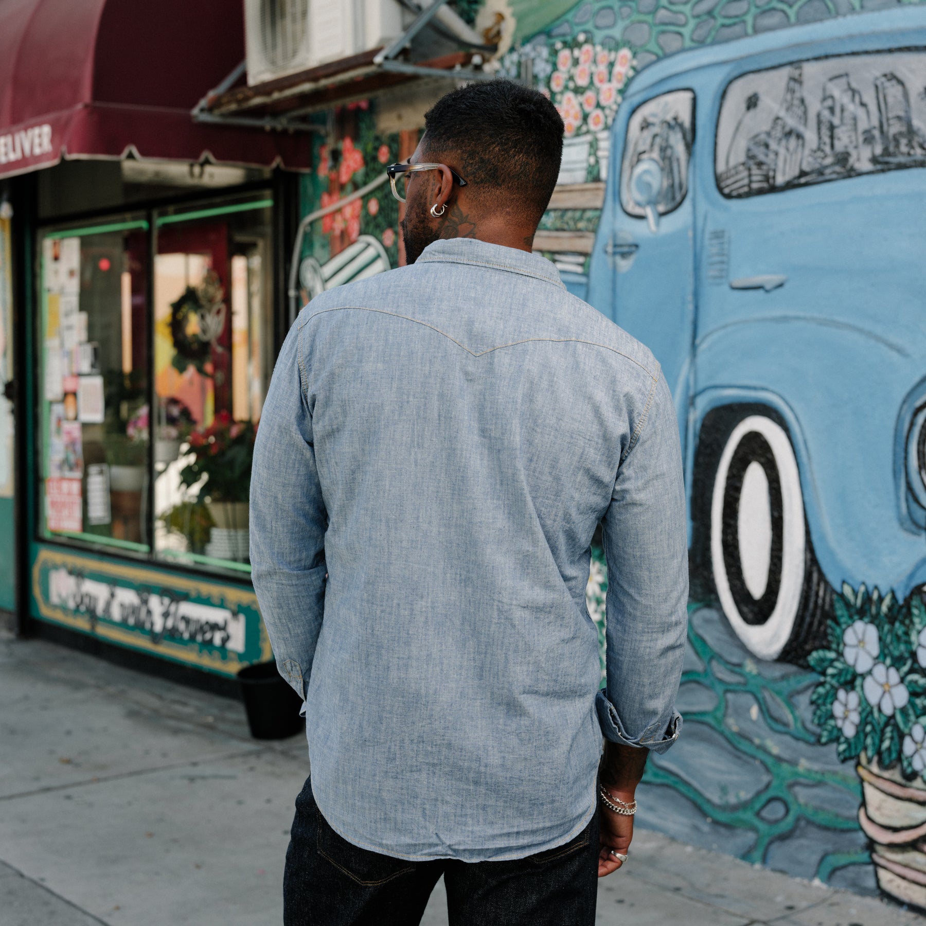 The Flat Head FN-SCW-003L Chambray Western Shirt Blue