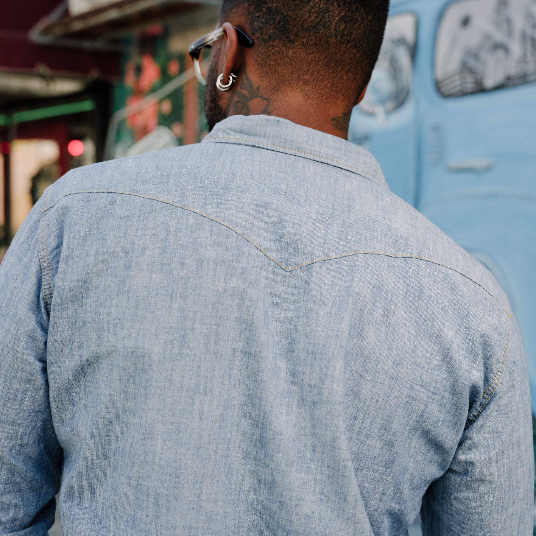 The Flat Head FN-SCW-003L Chambray Western Shirt Blue