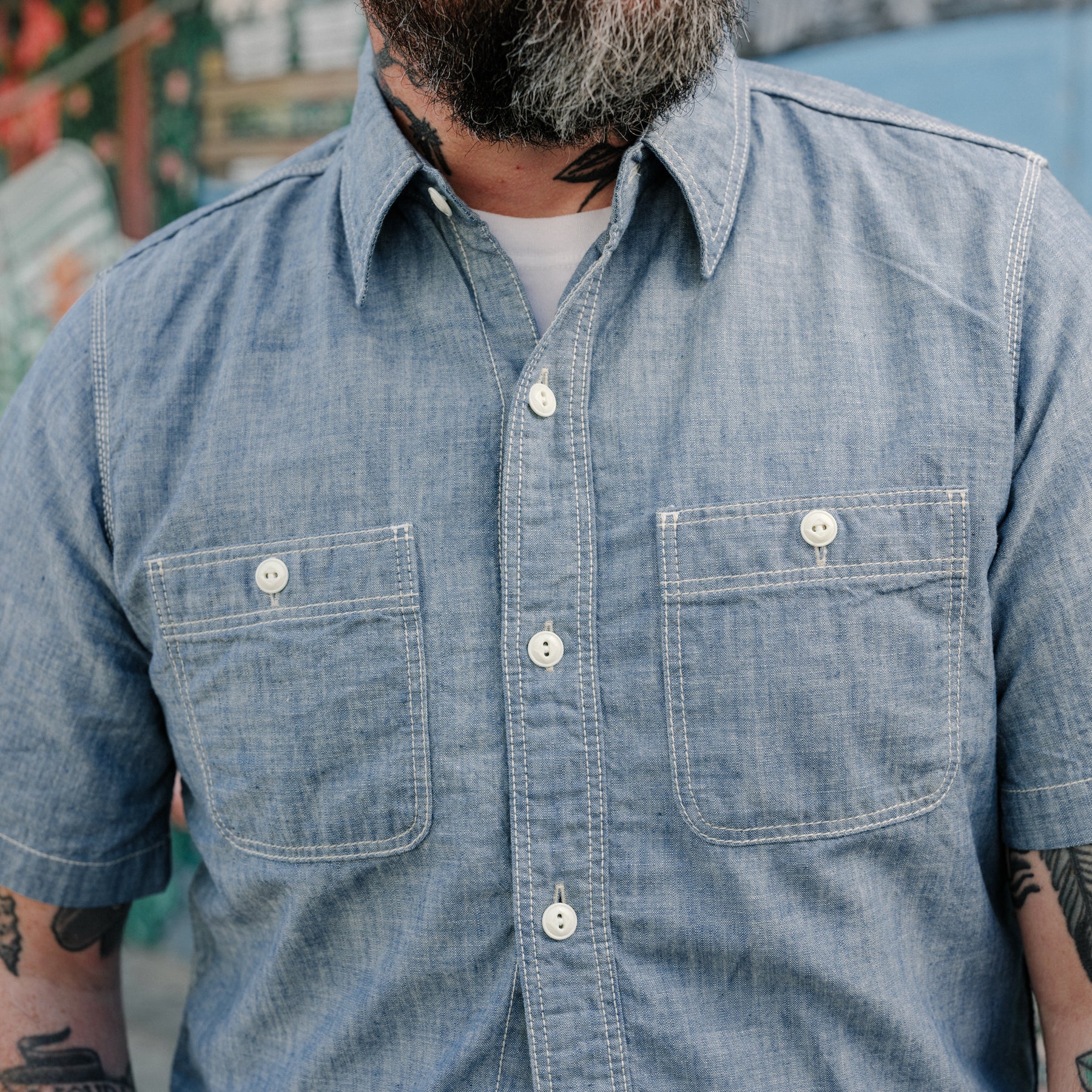 The Flat Head FN-SCK-010S Chambray Short Sleeve Work Shirt Blue