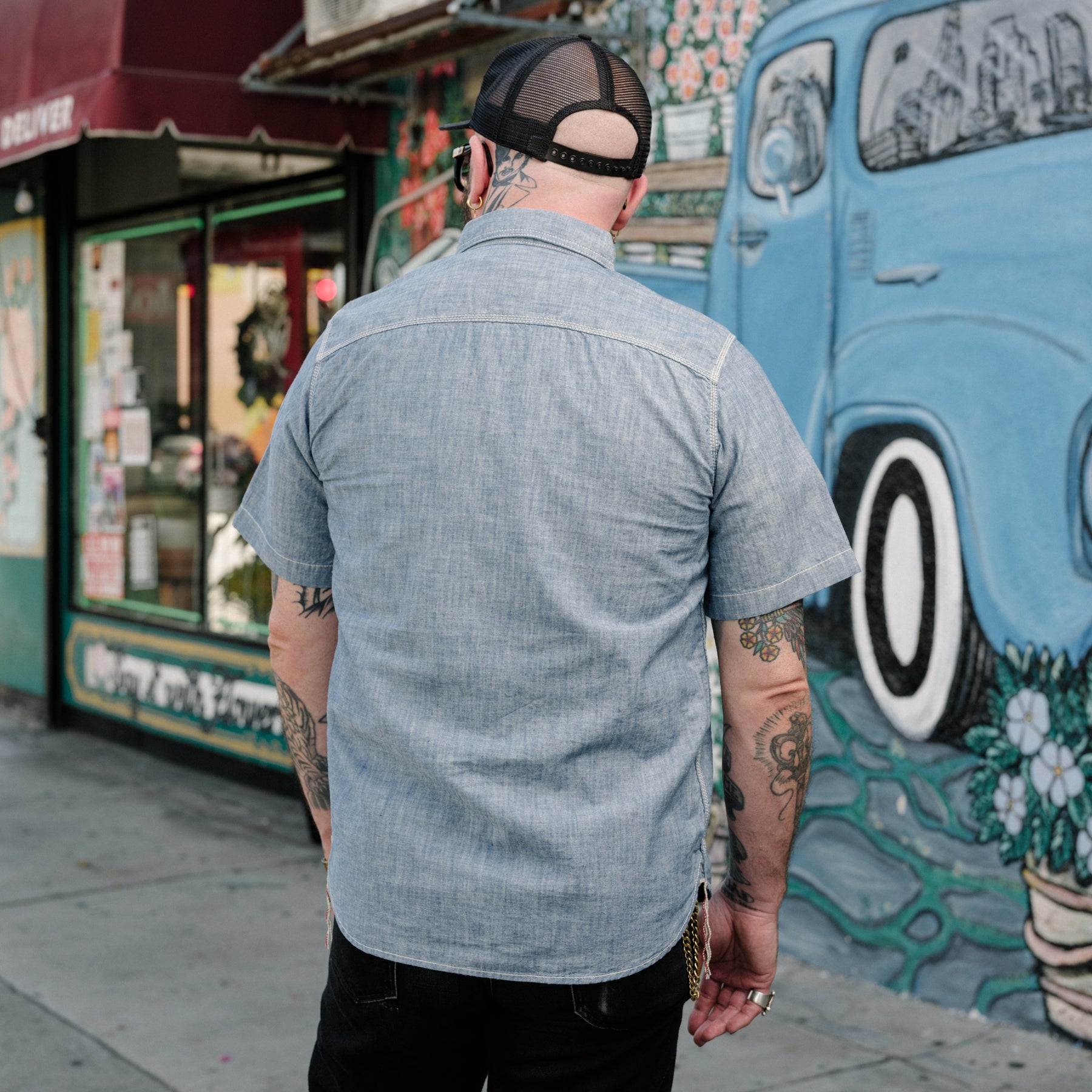 The Flat Head FN-SCK-010S Chambray Short Sleeve Work Shirt Blue