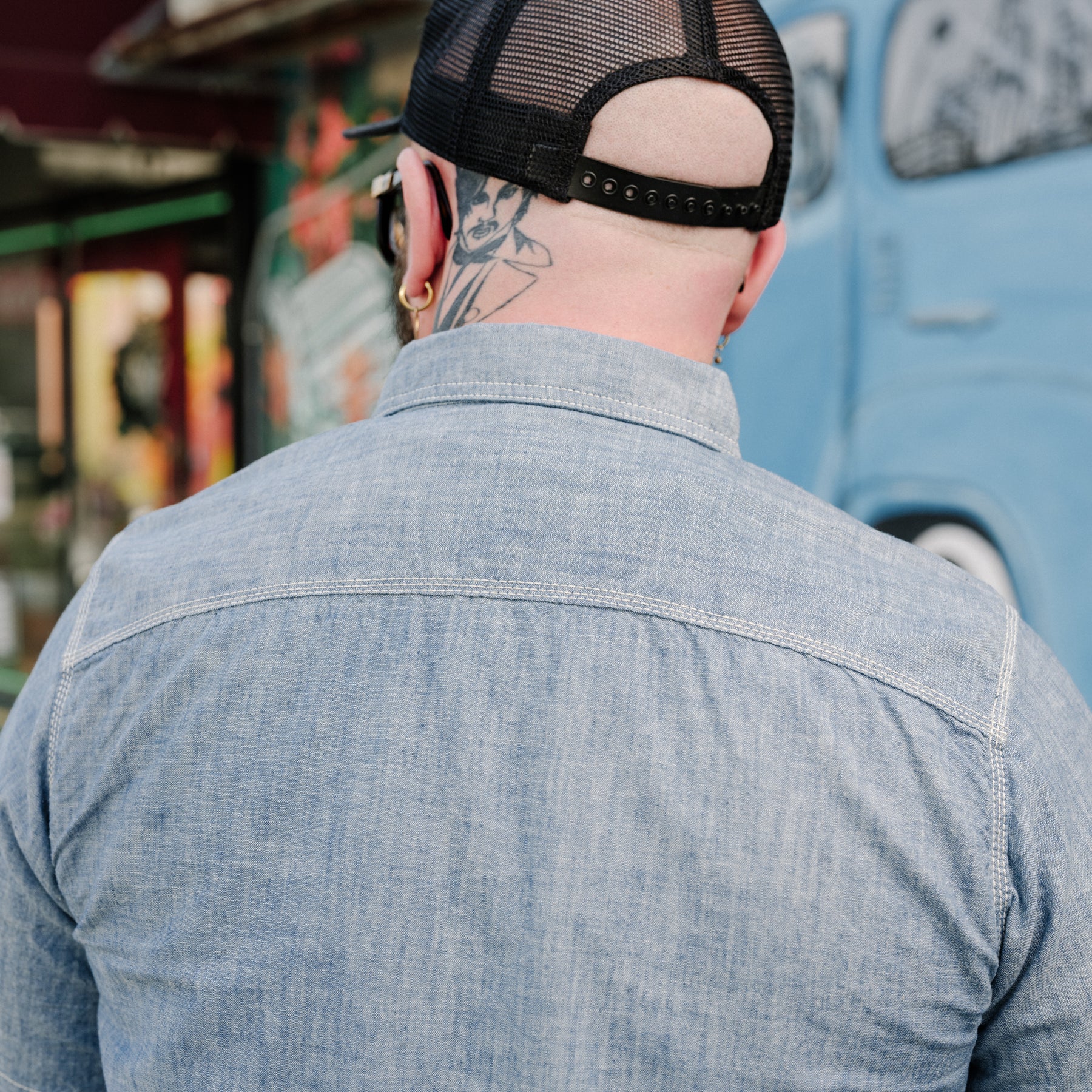 The Flat Head FN-SCK-010S Chambray Short Sleeve Work Shirt Blue