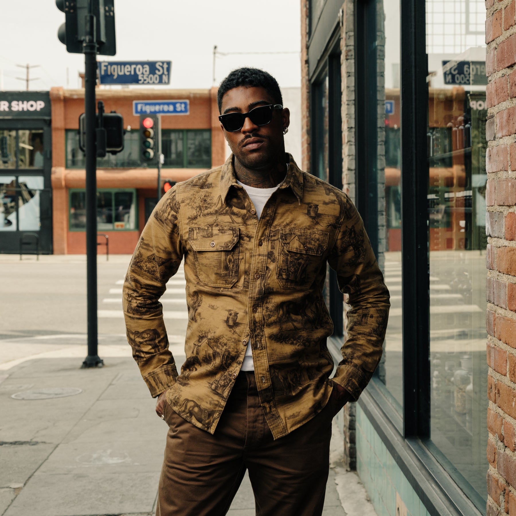 RRL Moleskin Printed Stables Sport Shirt Brown