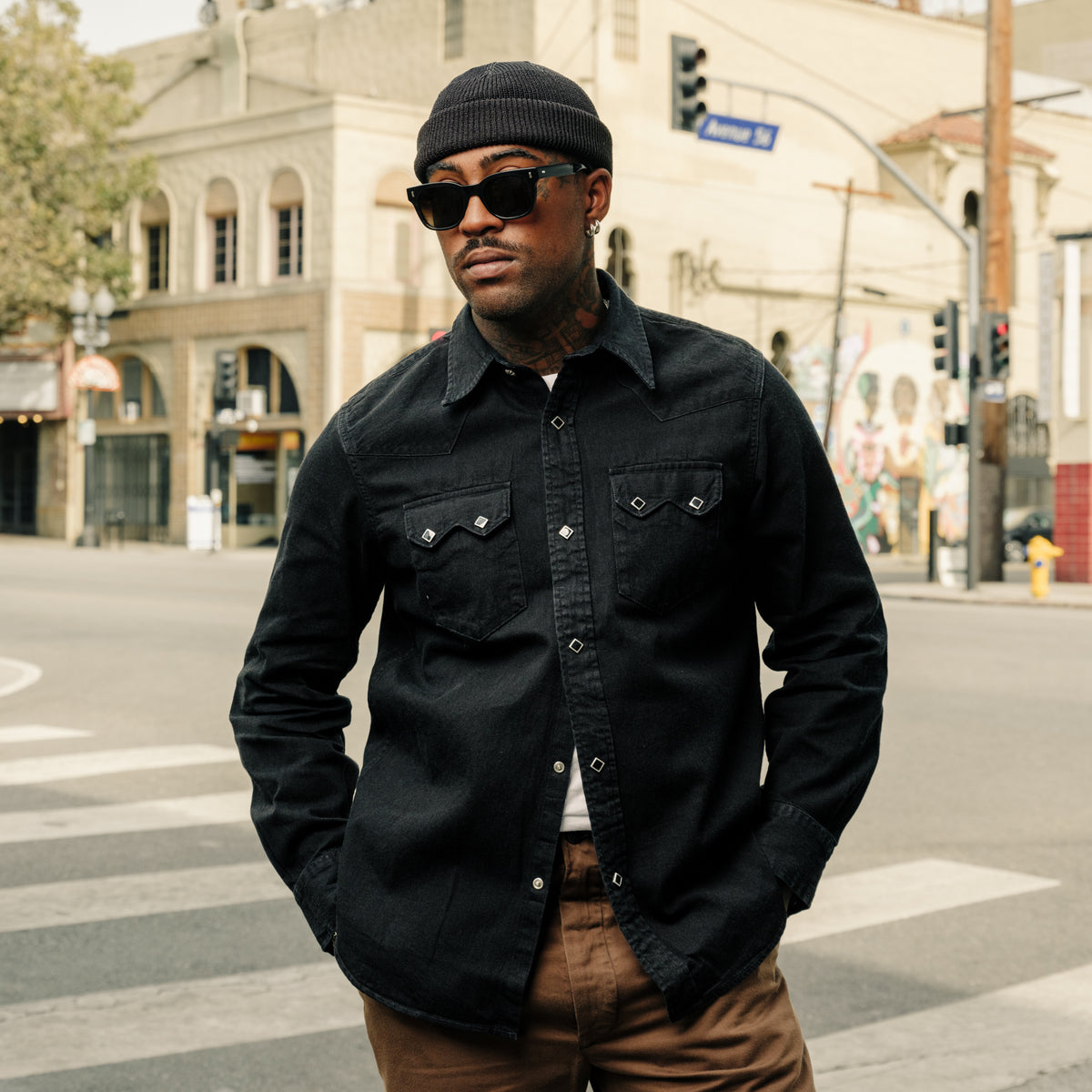 RRL Slim Fit Denim Western Shirt Black