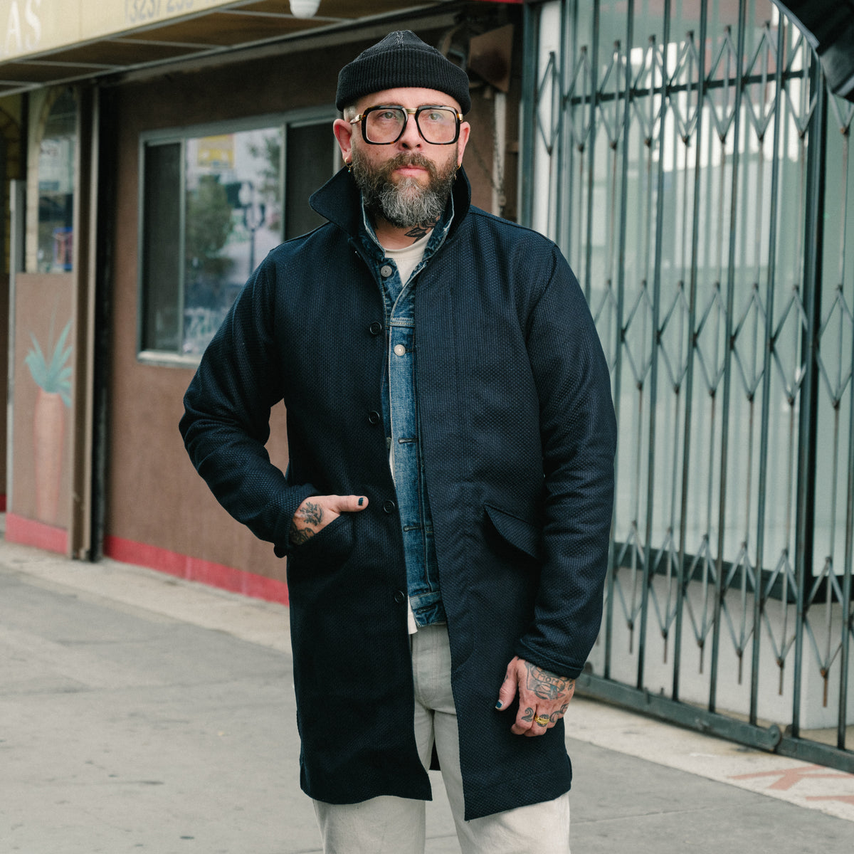 Rouge Territory x Snake Oil Provisions Sashiko Trench Coat Indigo PRE-ORDER