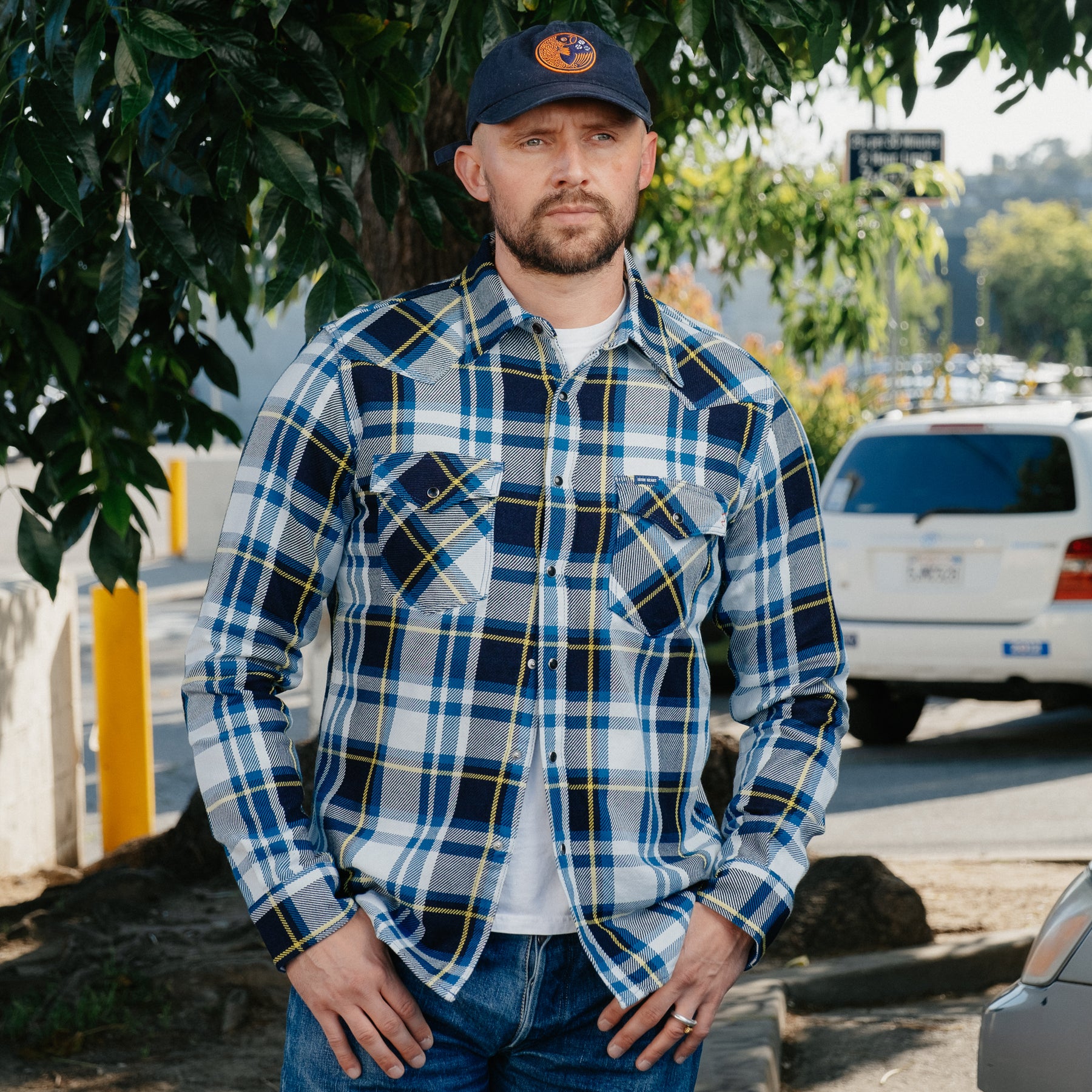 Iron Heart IHSH-390-BLU 9oz Selvedge American Check Western Shirt Blue