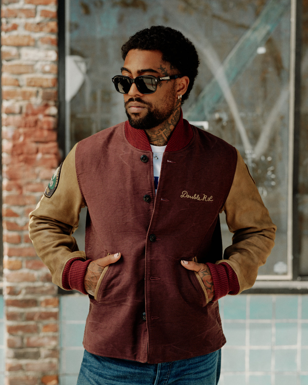 RRL Leather Sleeve Baseball Jacket Vintage Burgundy