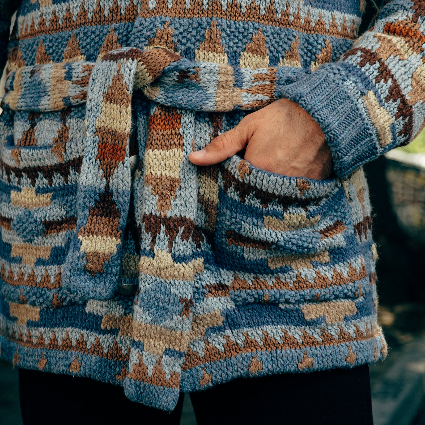 RRL Hand-Knit Linen Blend Belted Cardigan Blue Multi