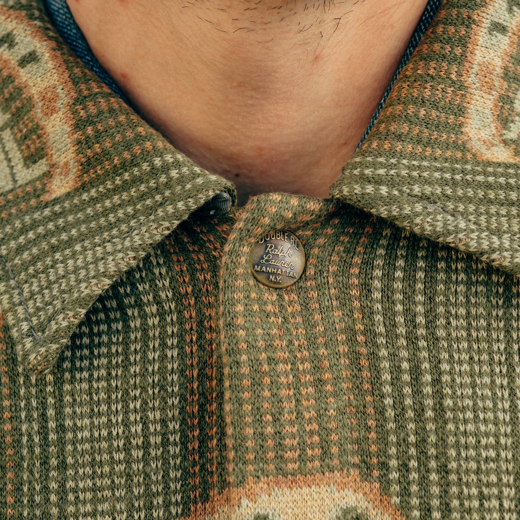 RRL Horseshoe Logo Cotton Overshirt Sweater Sage Multi
