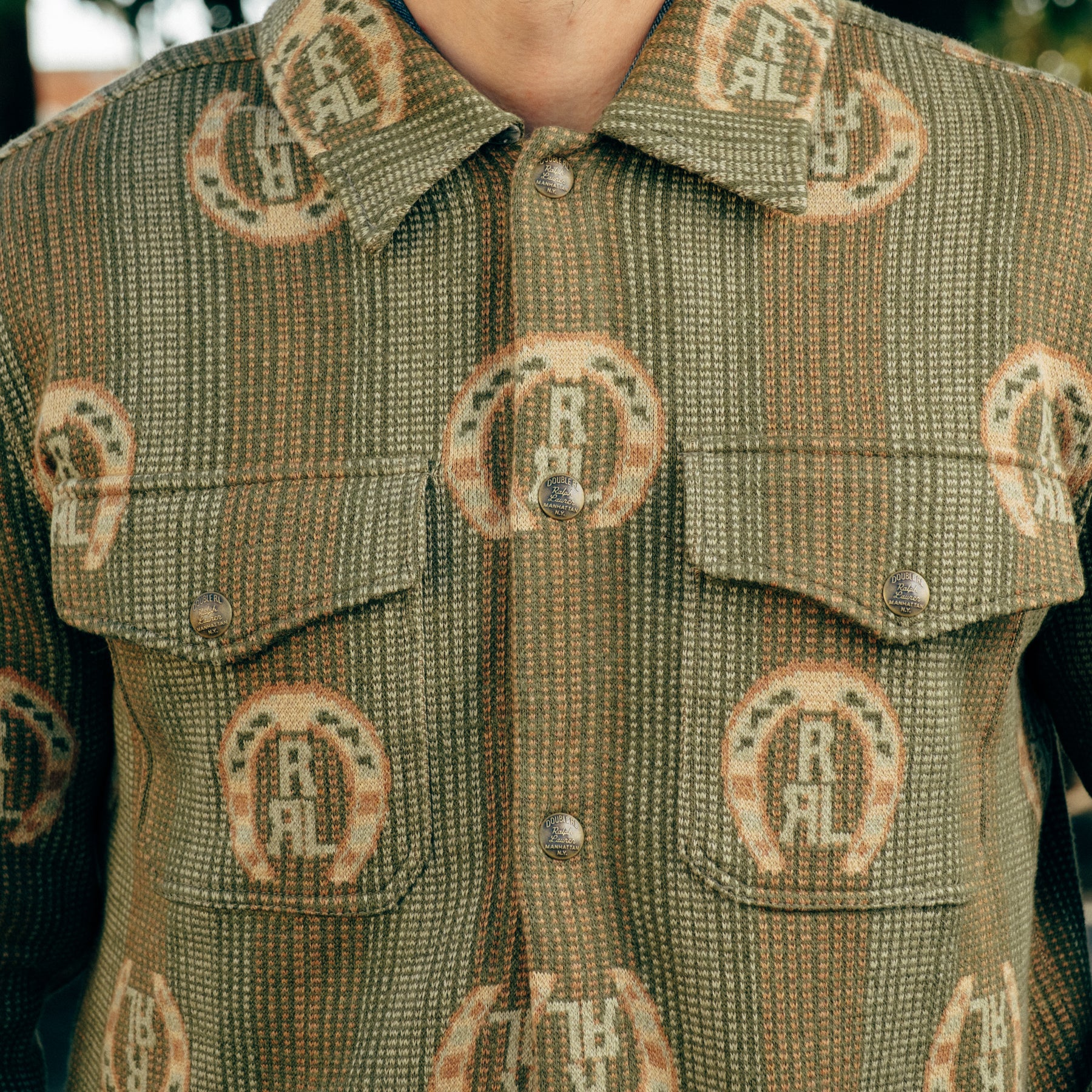 RRL Horseshoe Logo Cotton Overshirt Sweater Sage Multi