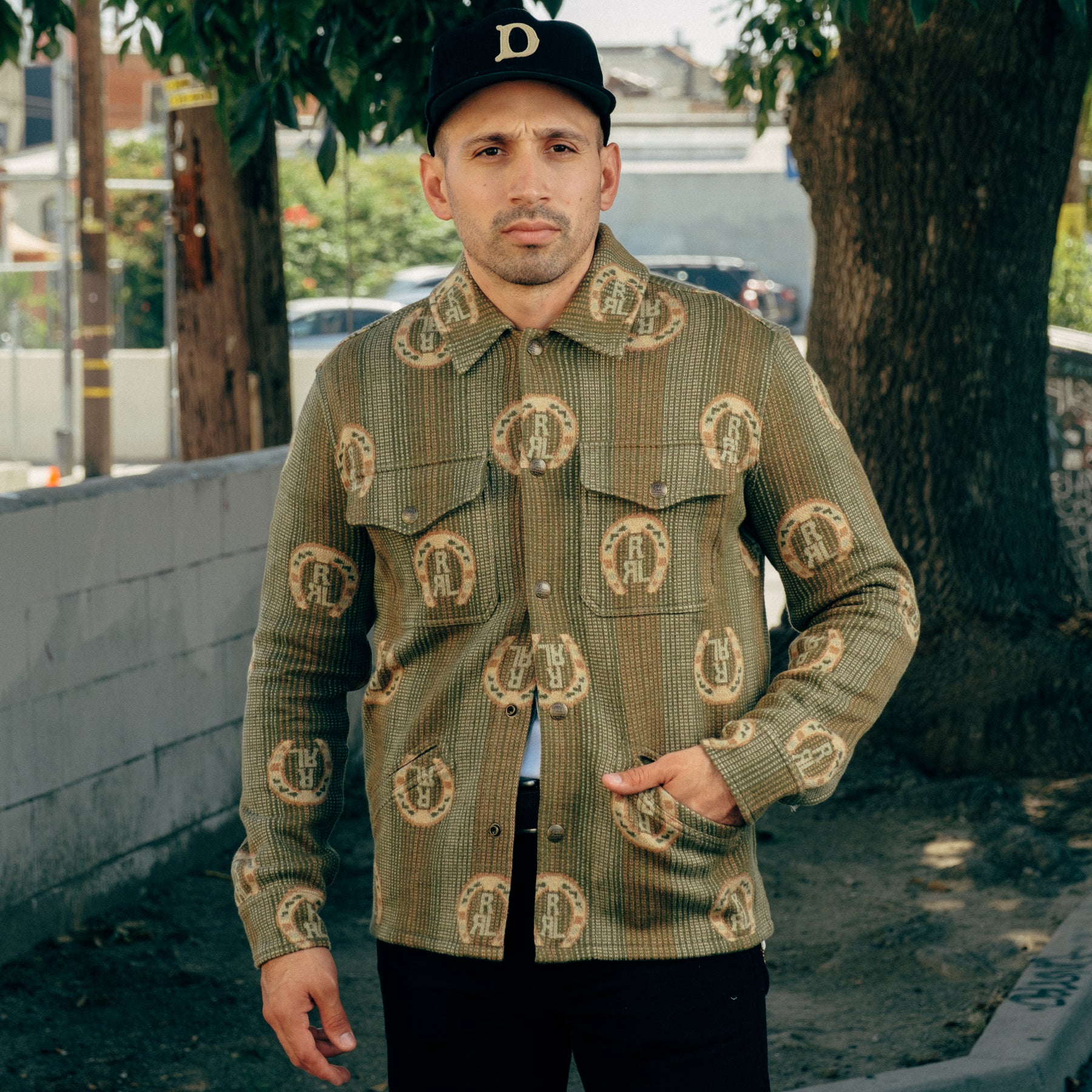 RRL Horseshoe Logo Cotton Overshirt Sweater Sage Multi
