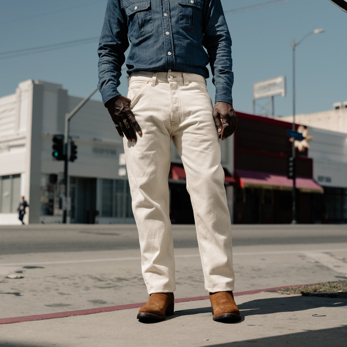 Drake's Ecru 12.7oz Selvedge Denim Contrast Stitch Five-Pocket Jeans