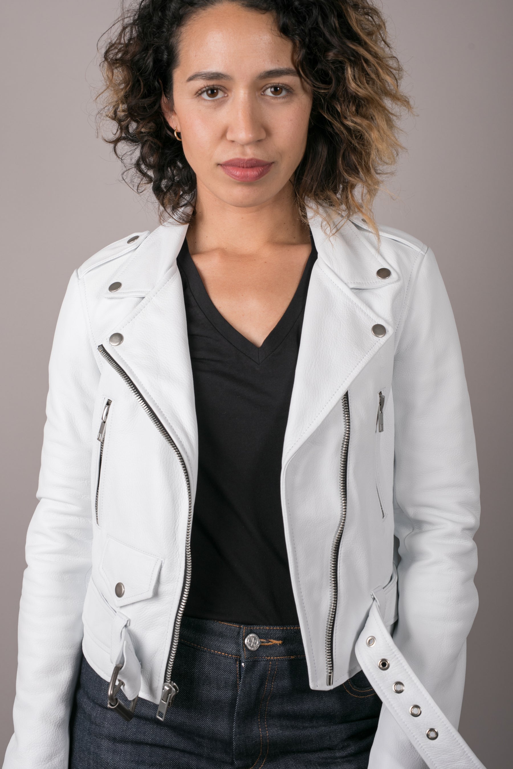 Women's Laer Brand New Standard Leather Motorcycle Jacket White FINAL SALE