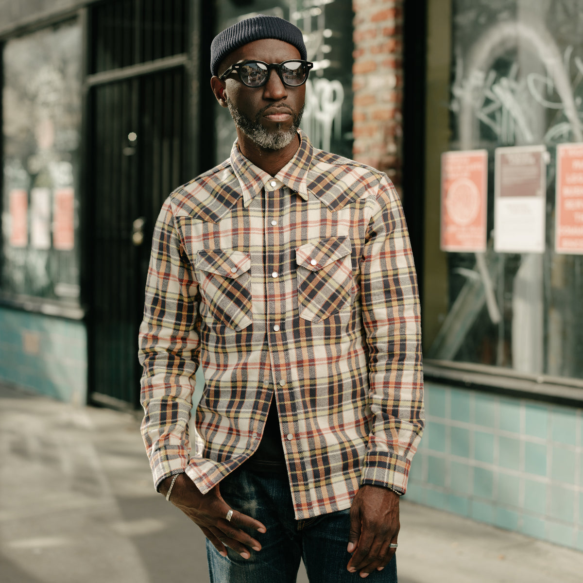 The Flat Head FN-SNW-014L Flannel Check Western Shirt Ivory x Black