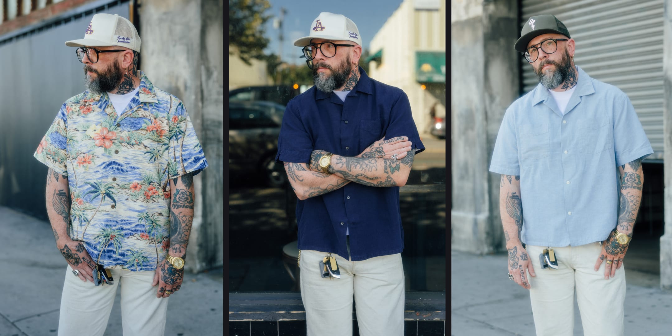 A three-panel collage showing a bearded man wearing different casual short-sleeve button-up shirts outdoors. The left panel shows a colorful tropical floral shirt, the center panel shows a dark navy short-sleeve shirt, and the right panel shows a light blue short-sleeve shirt, all paired with off-white pants and caps.