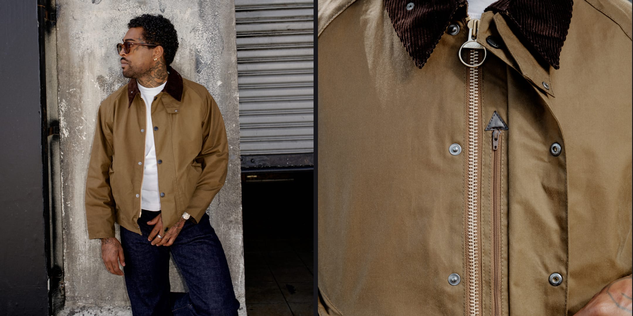 A man wearing a tan utility-style jacket with a dark brown corduroy collar, shown in a split image with a full-body pose on the left and a close-up of the jacket chest and zipper on the right.