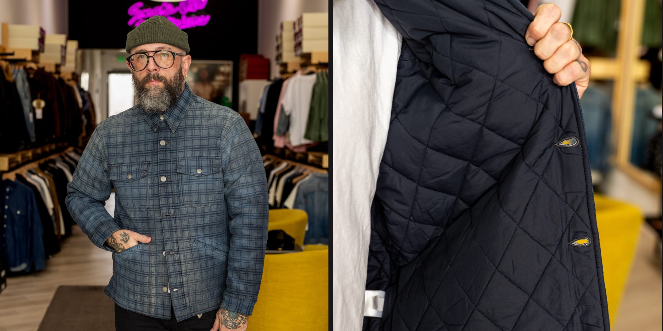 A man wearing a blue-gray plaid button-up shirt stands in a clothing store, with a close-up panel showing the inside of a dark quilted jacket being held open by a hand.