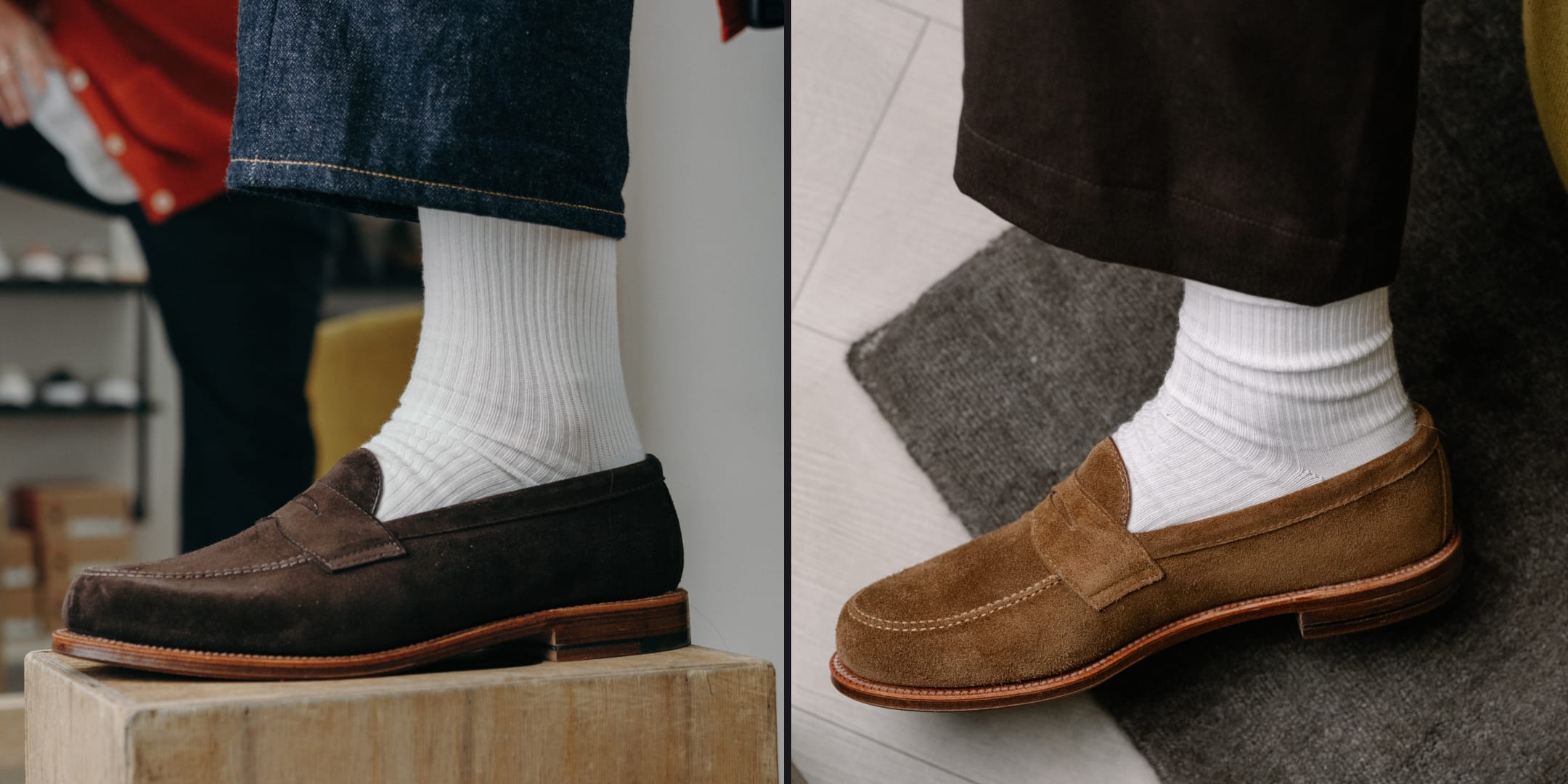 Two pairs of brown loafers worn with white socks on different backgrounds.
