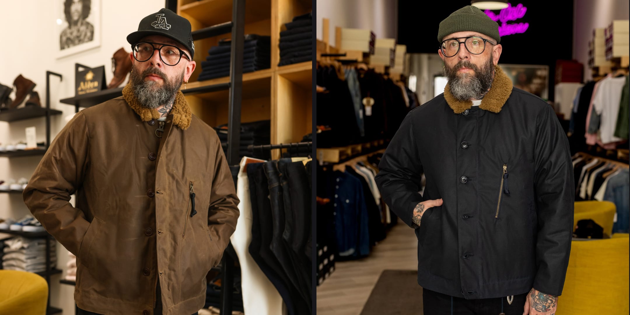 A split-screen lifestyle image showing a bearded man wearing two different jackets in a clothing store. On the left, he wears a brown waxed cotton jacket with a tan shearling collar and a black cap.