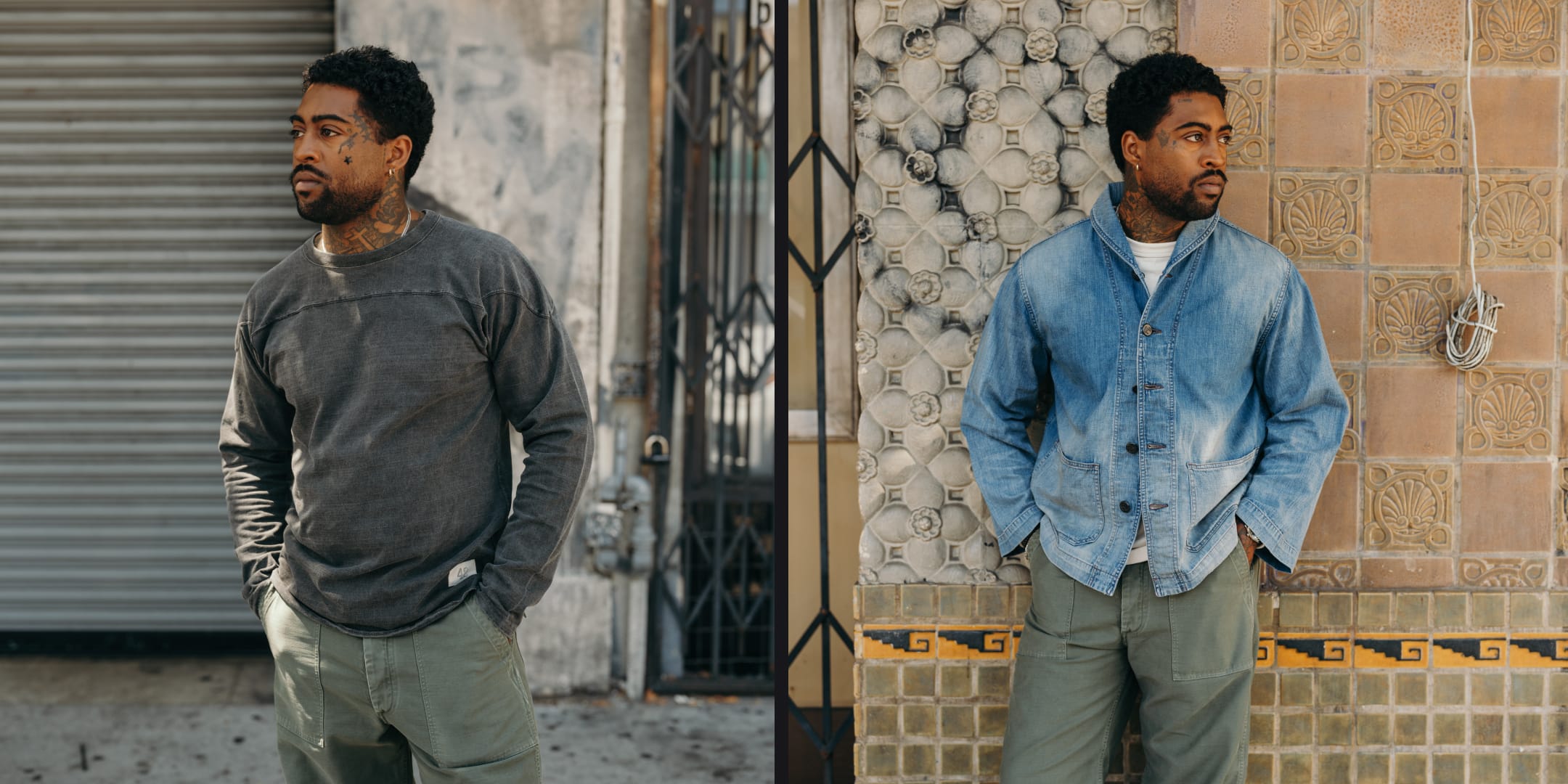 Two portraits of a man wearing gray crewneck sweatshirt and a denim chore jacket, both styled with olive work pants