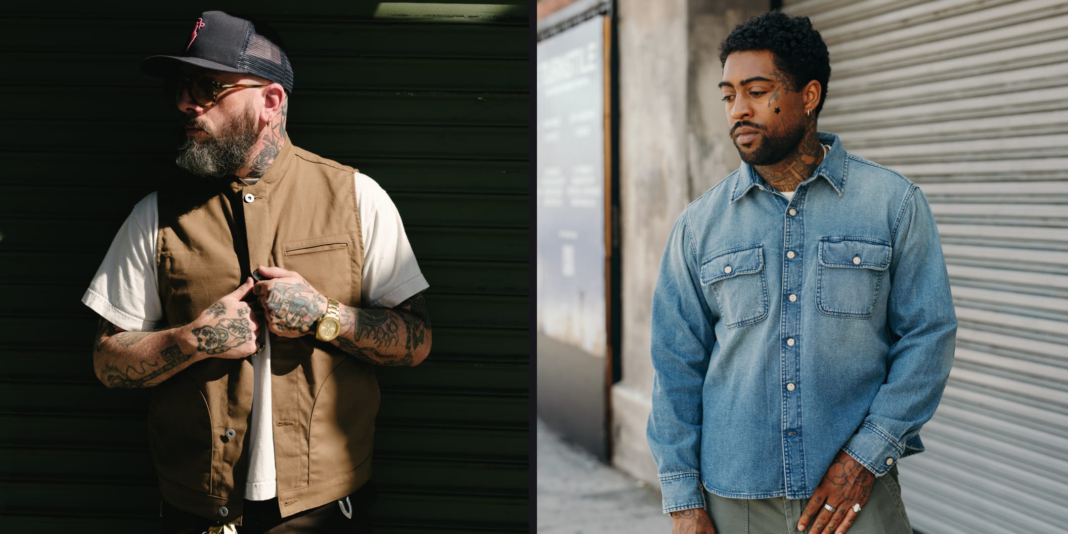 A split-screen lifestyle image showing two men modeling apparel. On the left, a bearded man with tattoos wears a brown vest over a white t-shirt and a black cap against a dark green shutter.