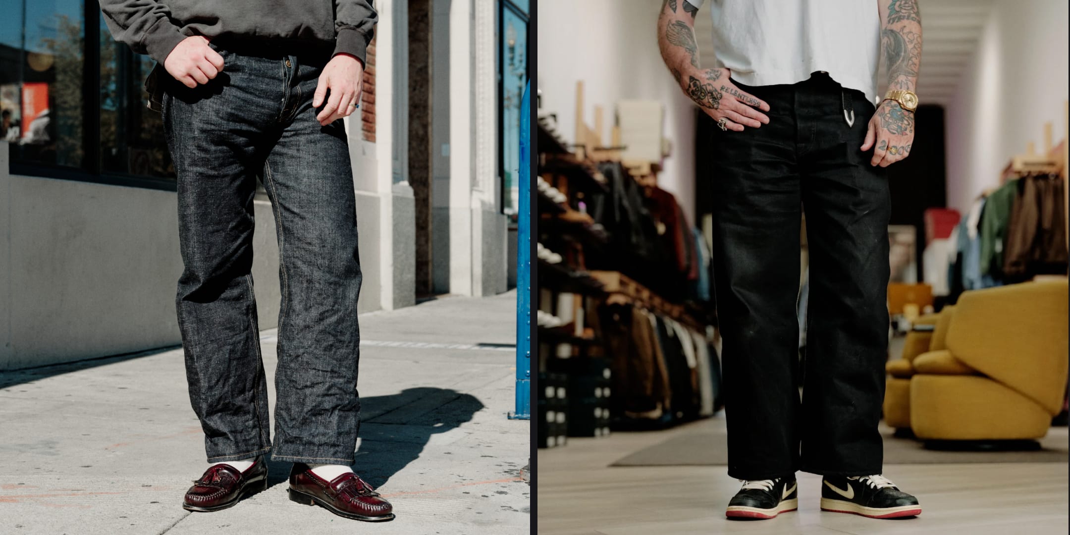 A split-screen lifestyle image showing a pair of relaxed-fit black jeans worn by two models. The left model is standing outdoors on a city sidewalk, wearing a dark gray long-sleeve shirt and dark brown loafers.