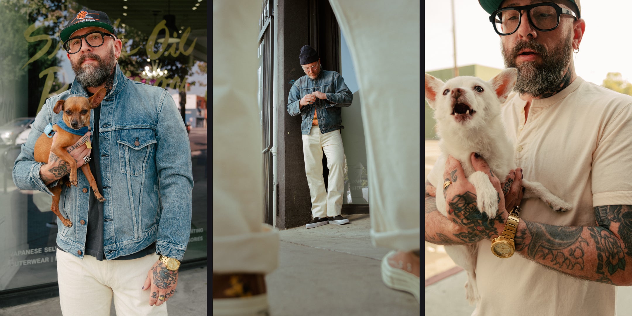 Man wearing Full Count denim jacket and ecru pants while holding a dog